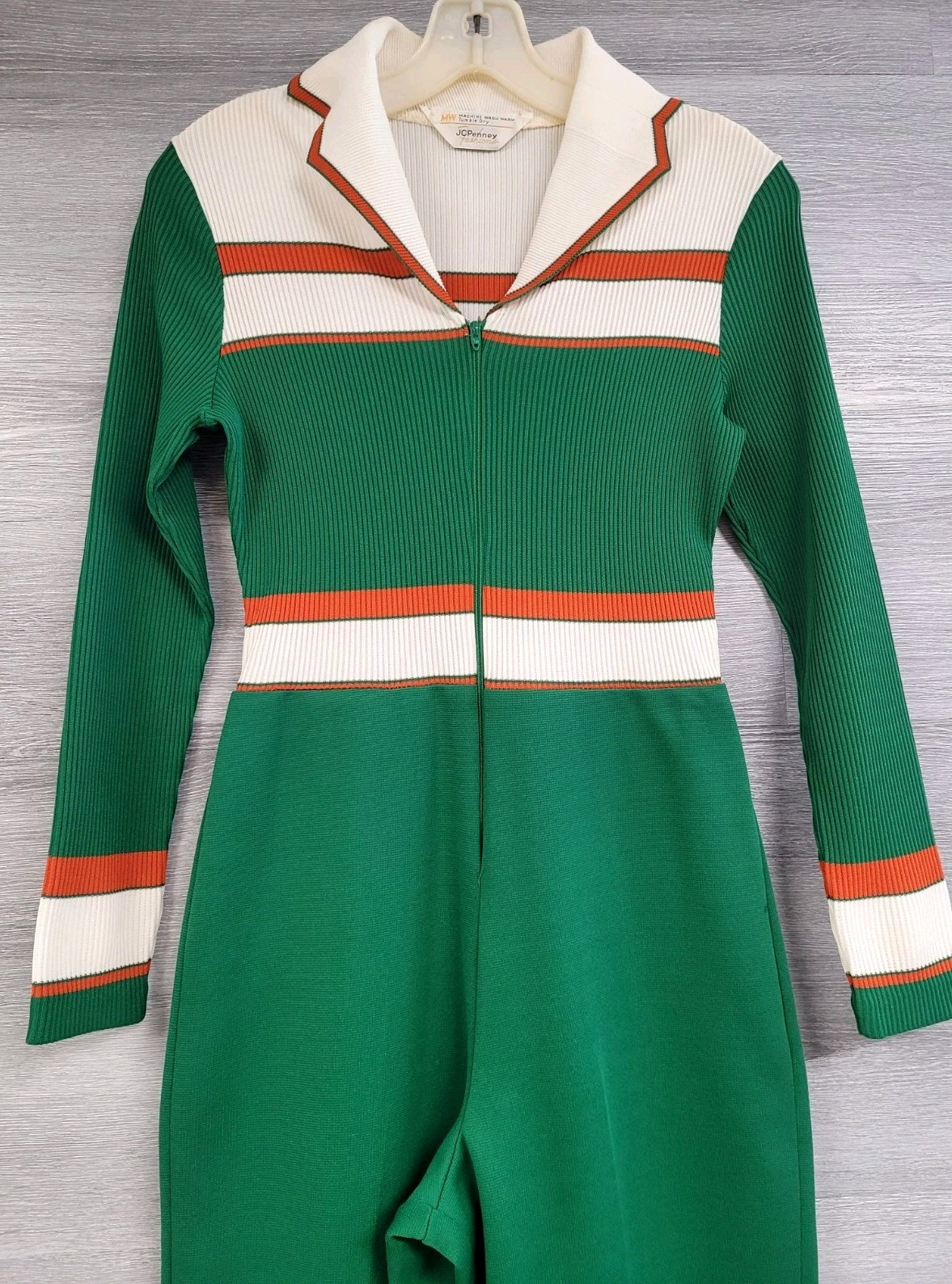 WOMENS VINTAGE 70s JUMPSUIT JCPENNEY STRIPED LONG SLEEVE POLYKNIT DISCO SIZE XS