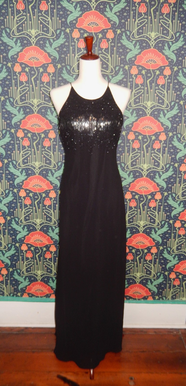 Vintage 90&rsquo;s Y2K Black Beaded Sequin Prom Homecoming Dress Grunge High Neck