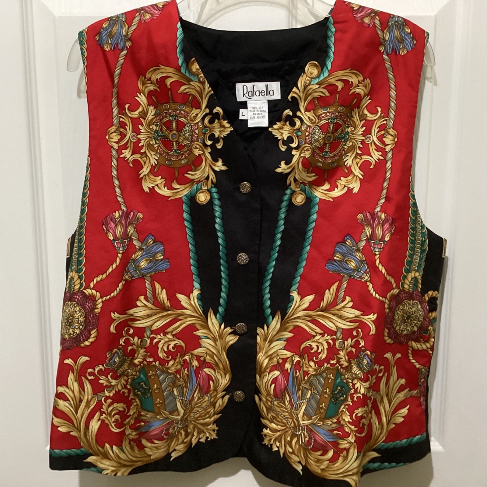 VTG Rafaella 100% Silk Vest Women&rsquo;s Gold Buttons Baroque Regal Quilted~L