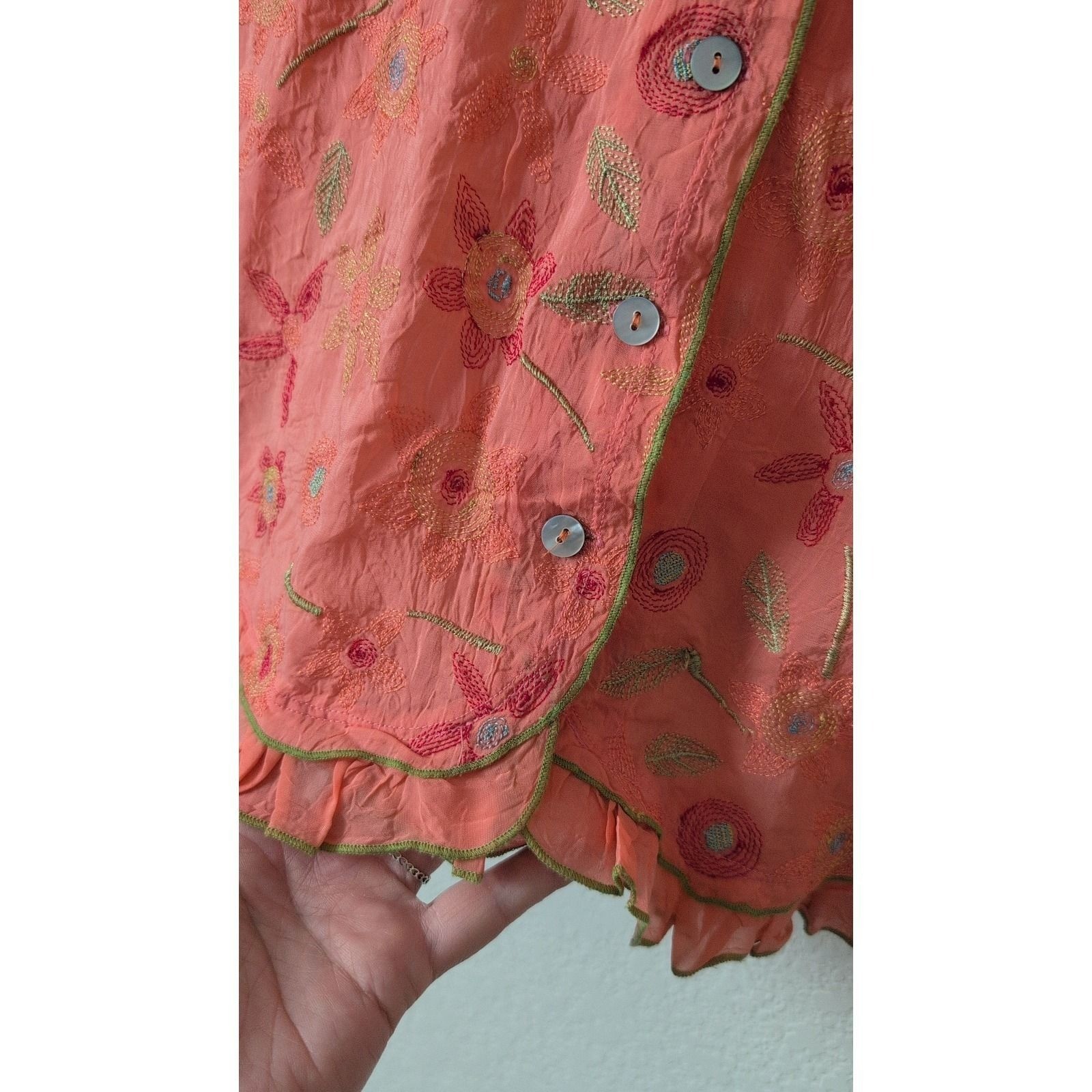 Vintage Johnny Was Collection Small Top Embroidery Flowers Pink Ruffle Bohemian