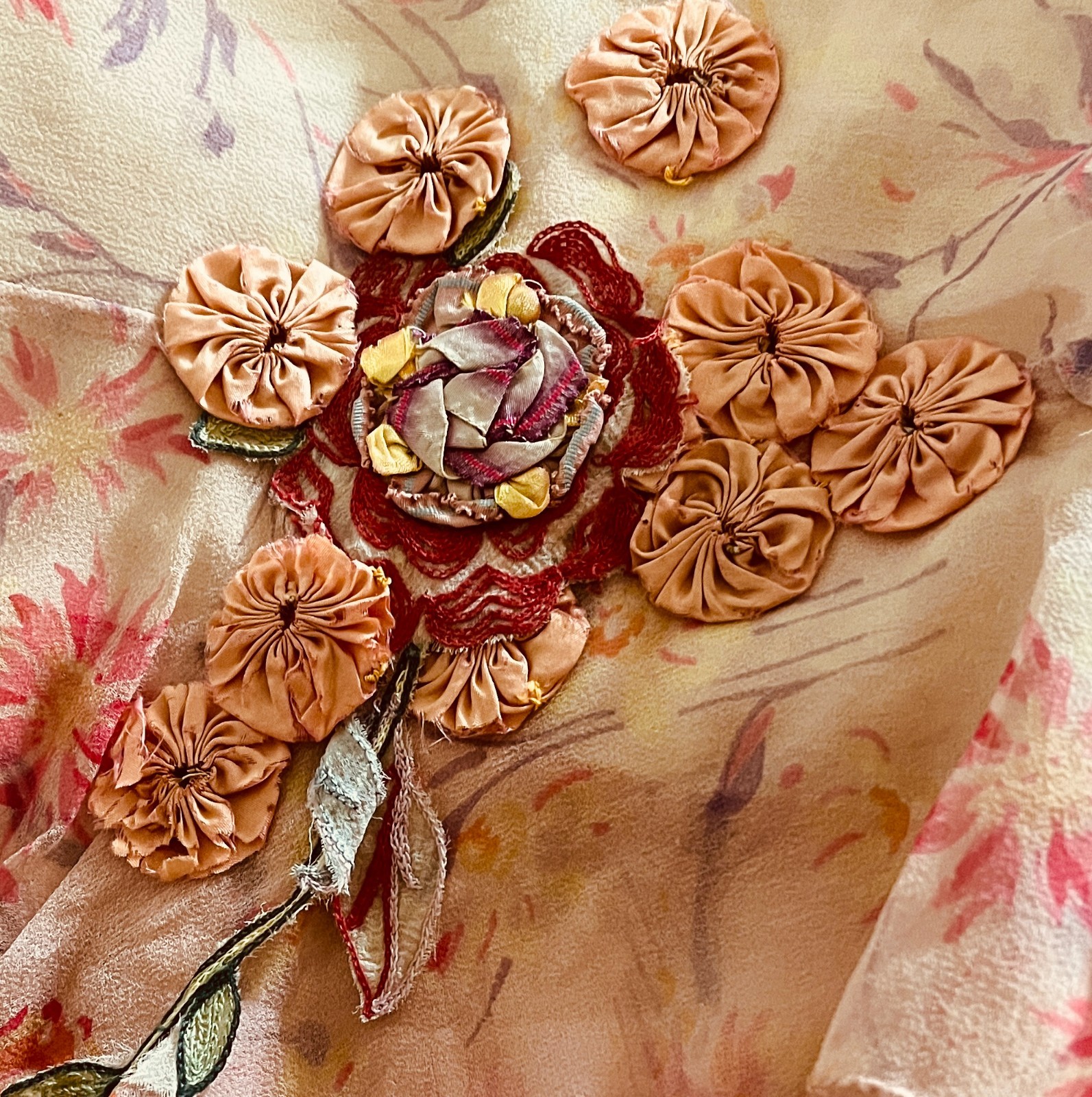 Charming 1920s Tiered Silk Tiered Skirt, Pastels, Peach, Ribbon Work Flowers S-M