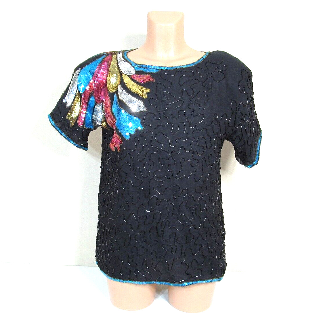 KAUR L Black Silk Vibrant Multicolor Sequined Beaded S/S Mardi Gras Party Top