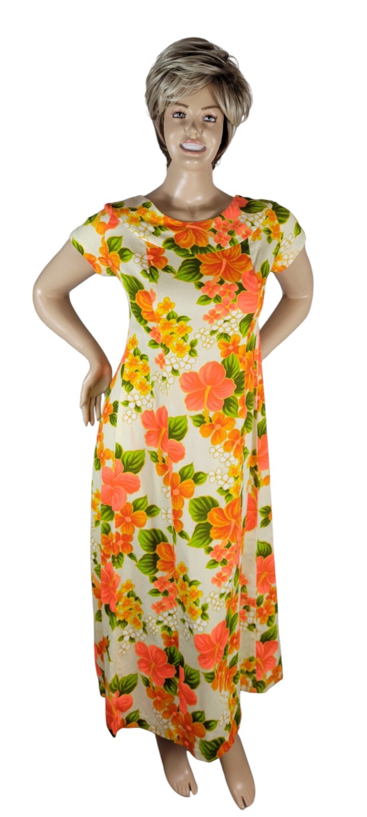 Vintage 60s Ui-Maikai Hawaii Luau Neon Fluorescent Orange Pink Floral Maxi Dress