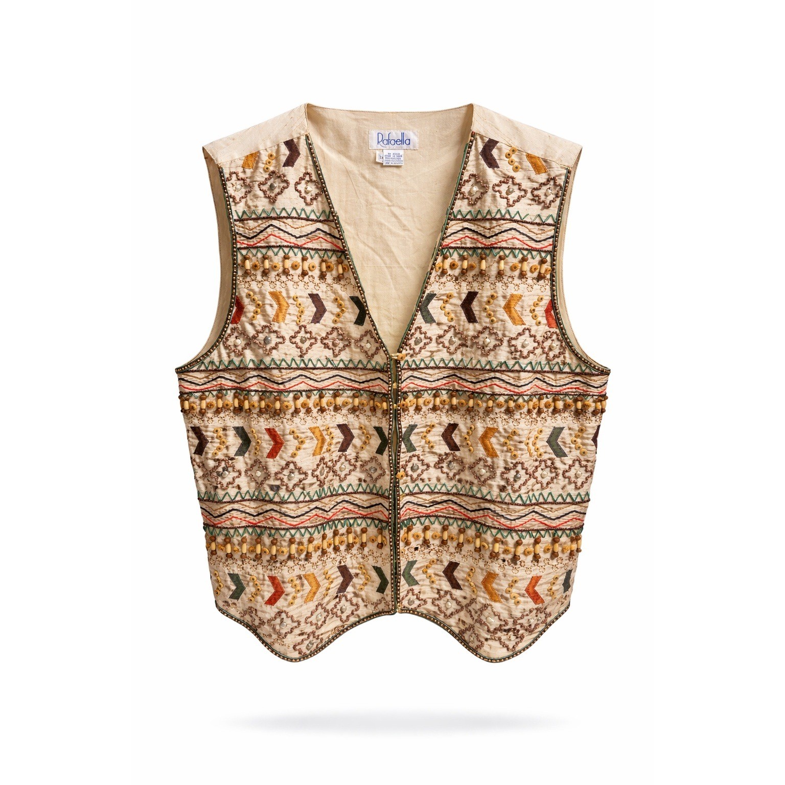 Vintage Rafaella Hippie Silk Beaded Vest Cream Boho Geometric Embroidered S NWT