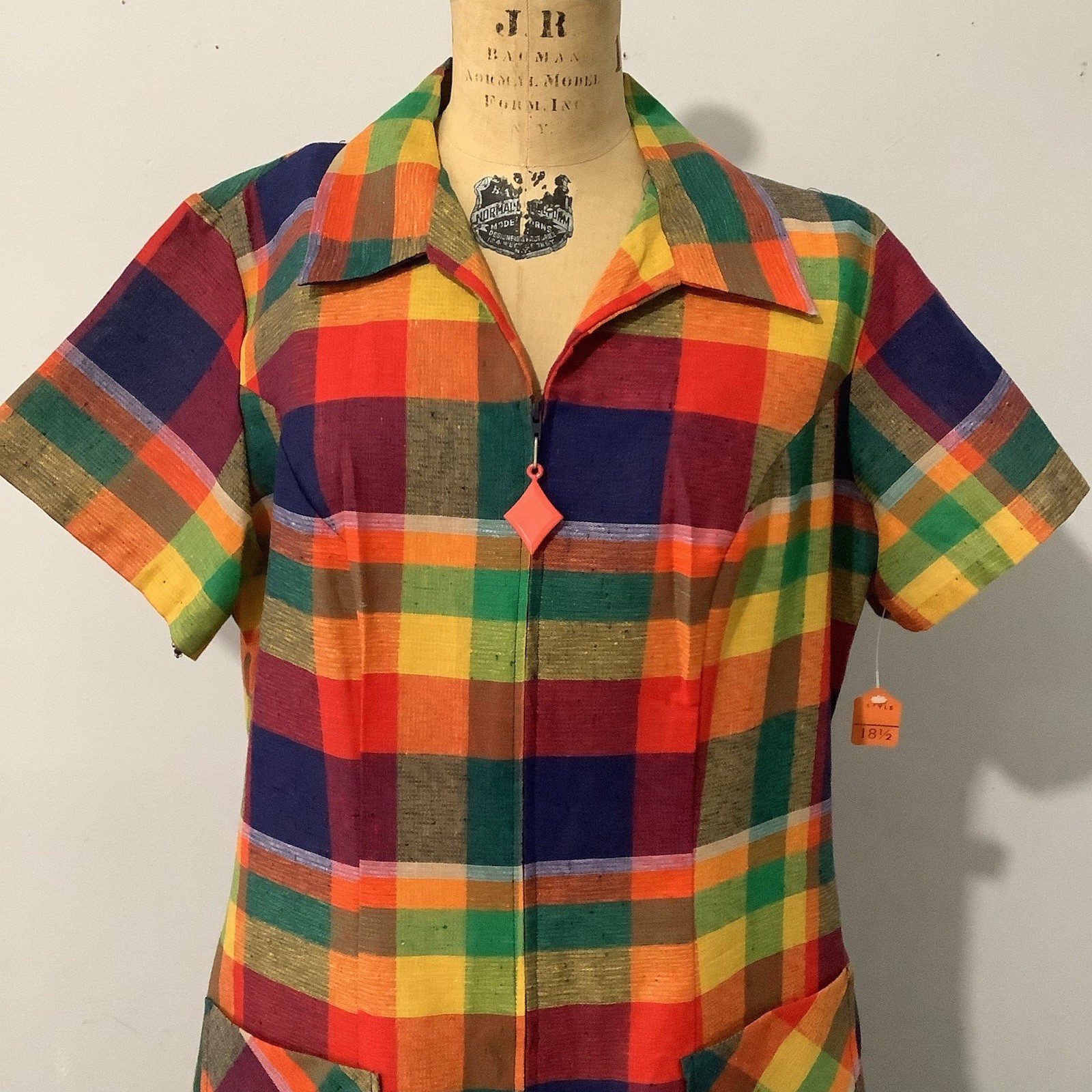 VTG 1960’s Colorful Plaid Cotton/Poly Dress Deadstock Mint With Tag XL B44”/W38”