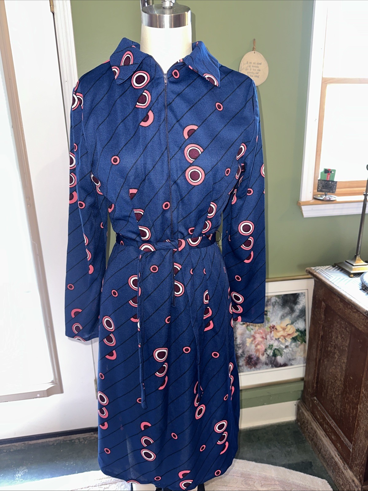 Vintage Women&rsquo;s Tunic Dress Navy Psychedelic Dress Front Zip L/S Sz XL Bust 40”
