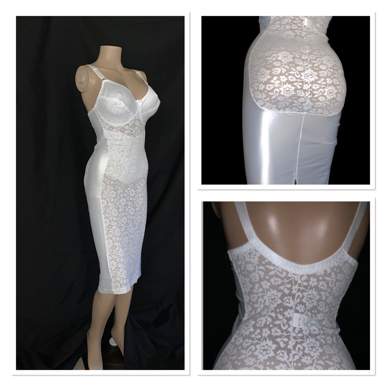38 DD NOS VTG Satin Lace Bra Girdle Full Slip Spandex One Piece Body Shaper