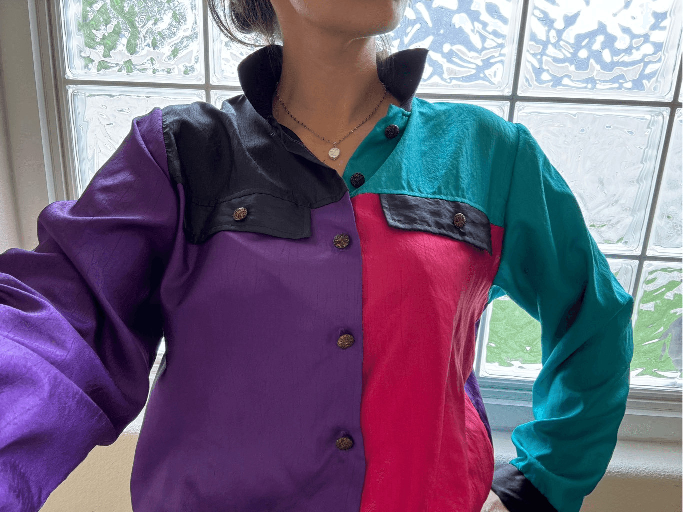 Lauren Lee vintage 80s color block top pullover jacket teal fuchsia neon M