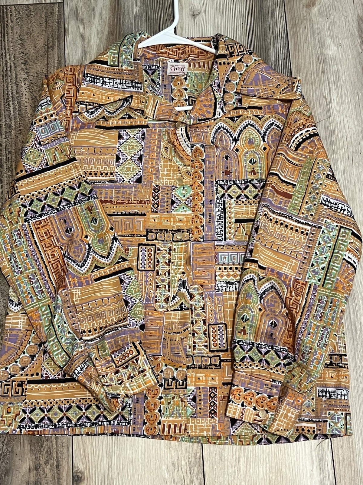 Vintage Graff 60s 70s Psychedelic Top – Geometric Multicolor Long Sleeve Size M