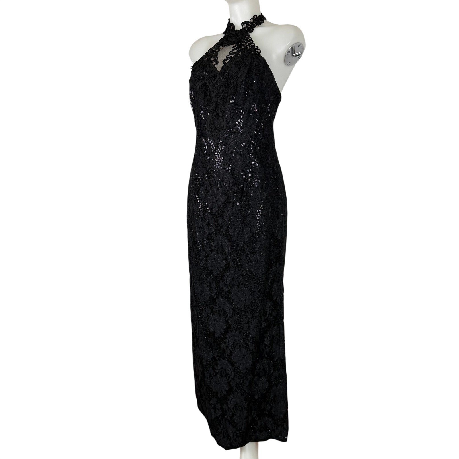 VTG 80s Loralie Original Black Lace Sequin Halter Maxi Dress Altered Sz 12 Goth