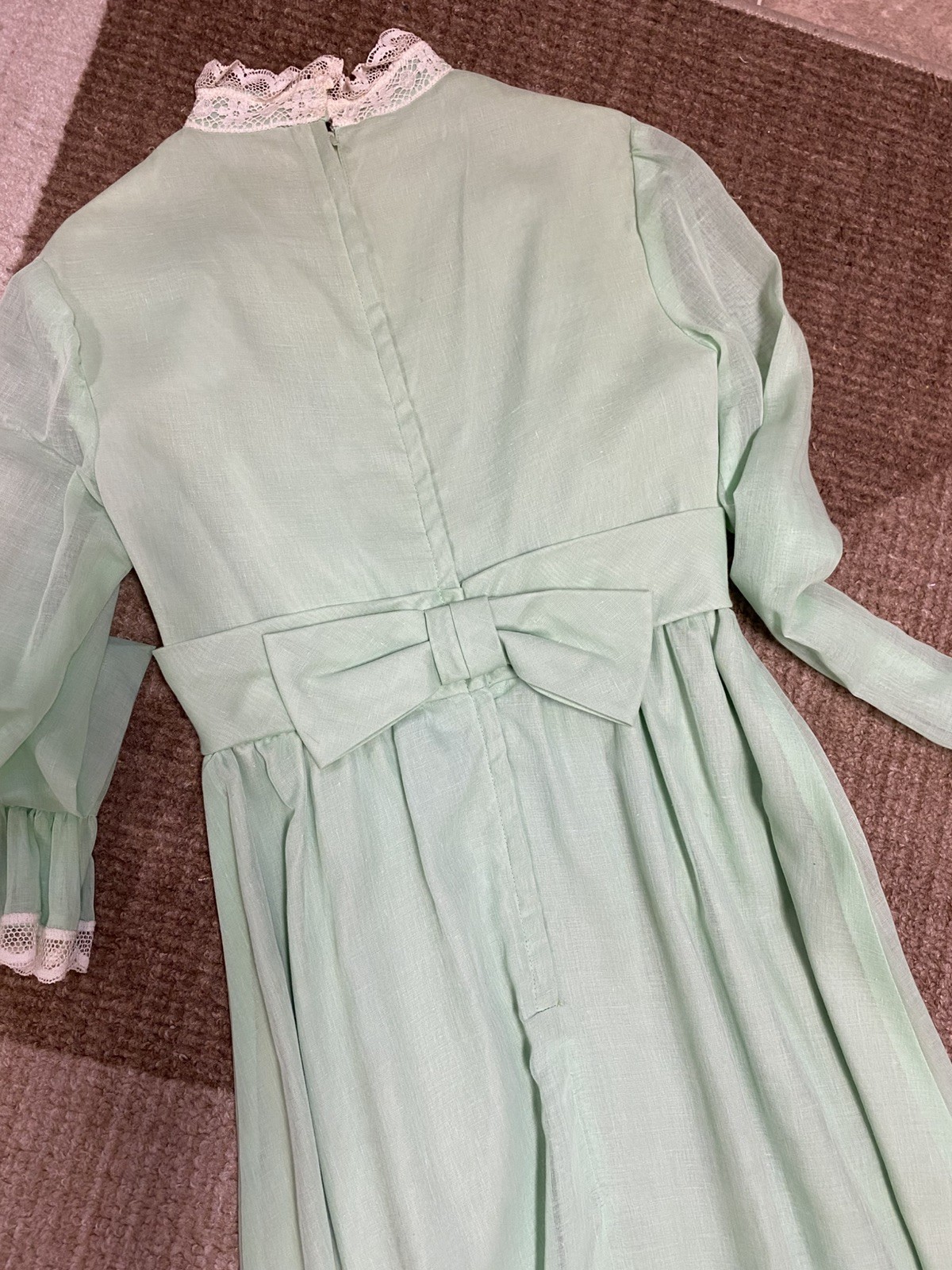 Vtg 70s Mint Green Chiffon Maxi Bridesmaid Dress Lace trim, high neck