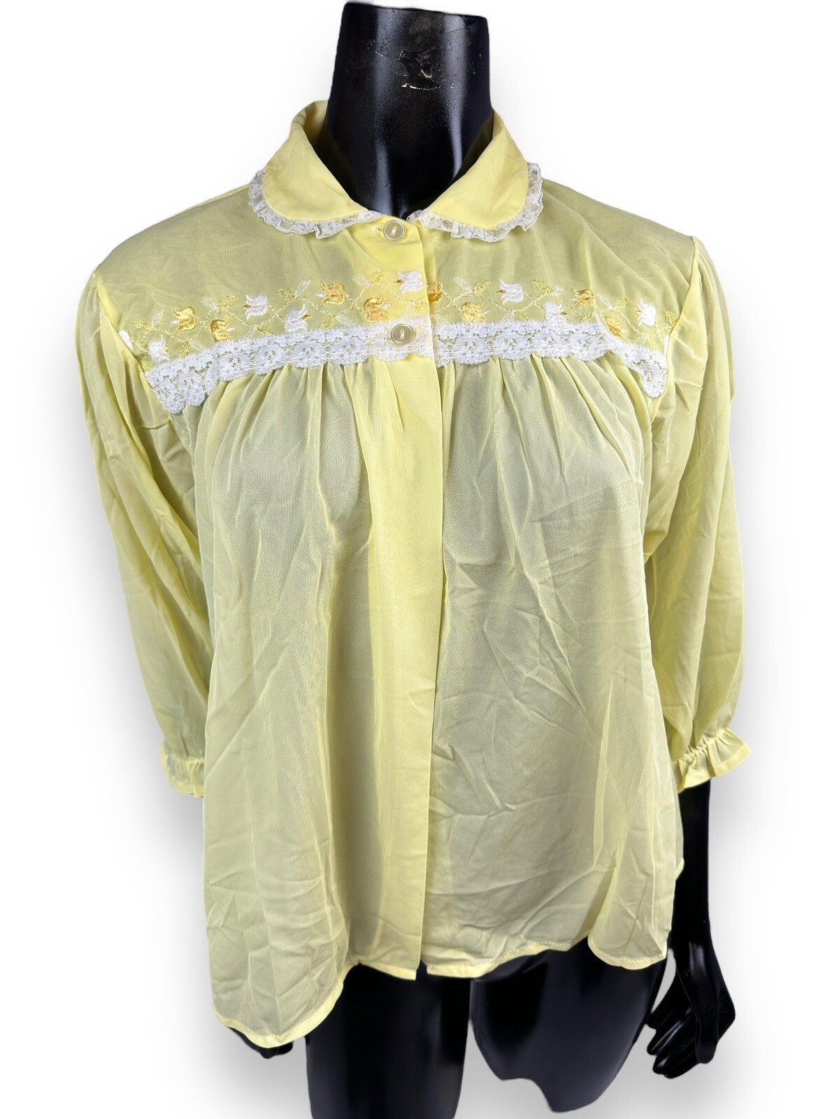 Vintage PhilMaid Bed Jacket Pajama Top Light Yellow Lace Nylon Lingerie New Sz M