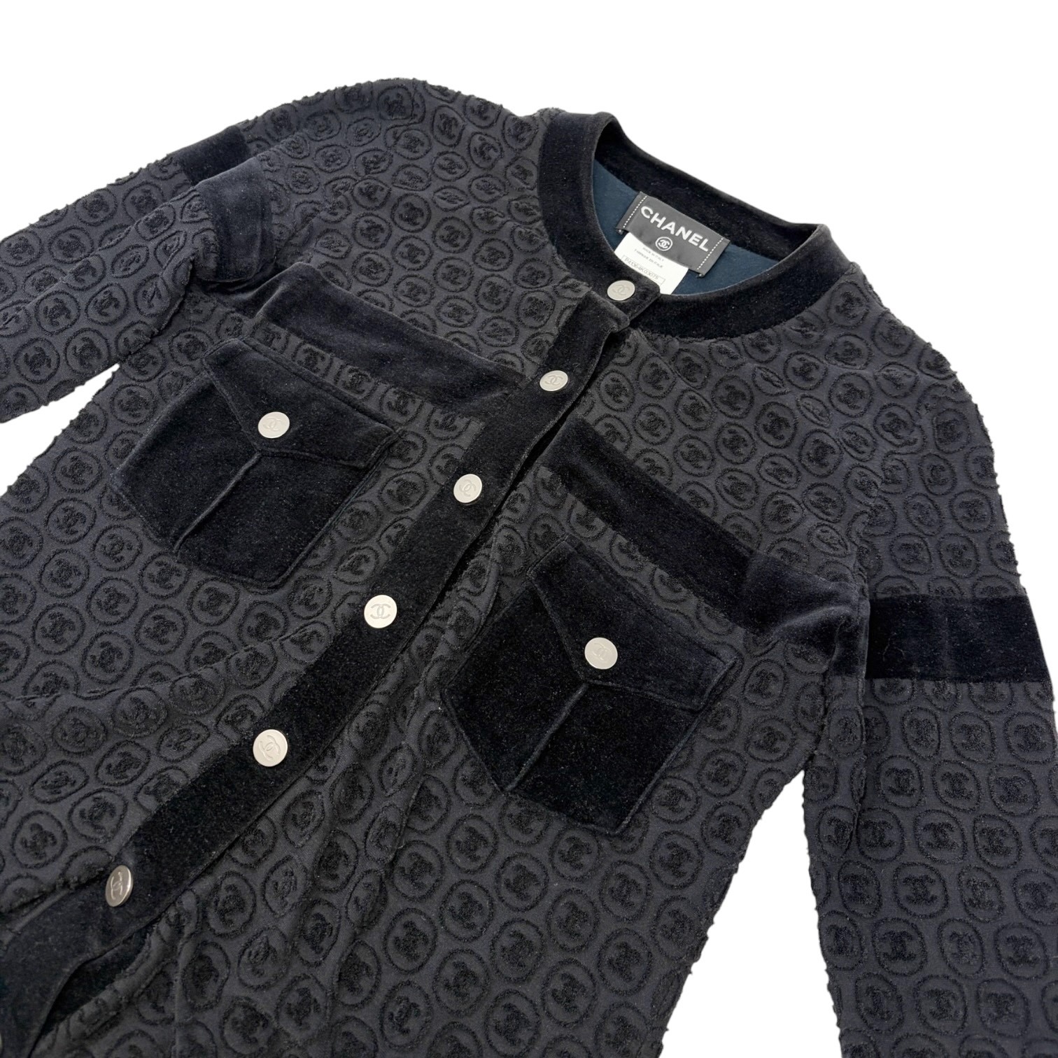 CHANEL Vintage P41364 CC Logo Button Velour Knit Cardigan Jacket #34 Black