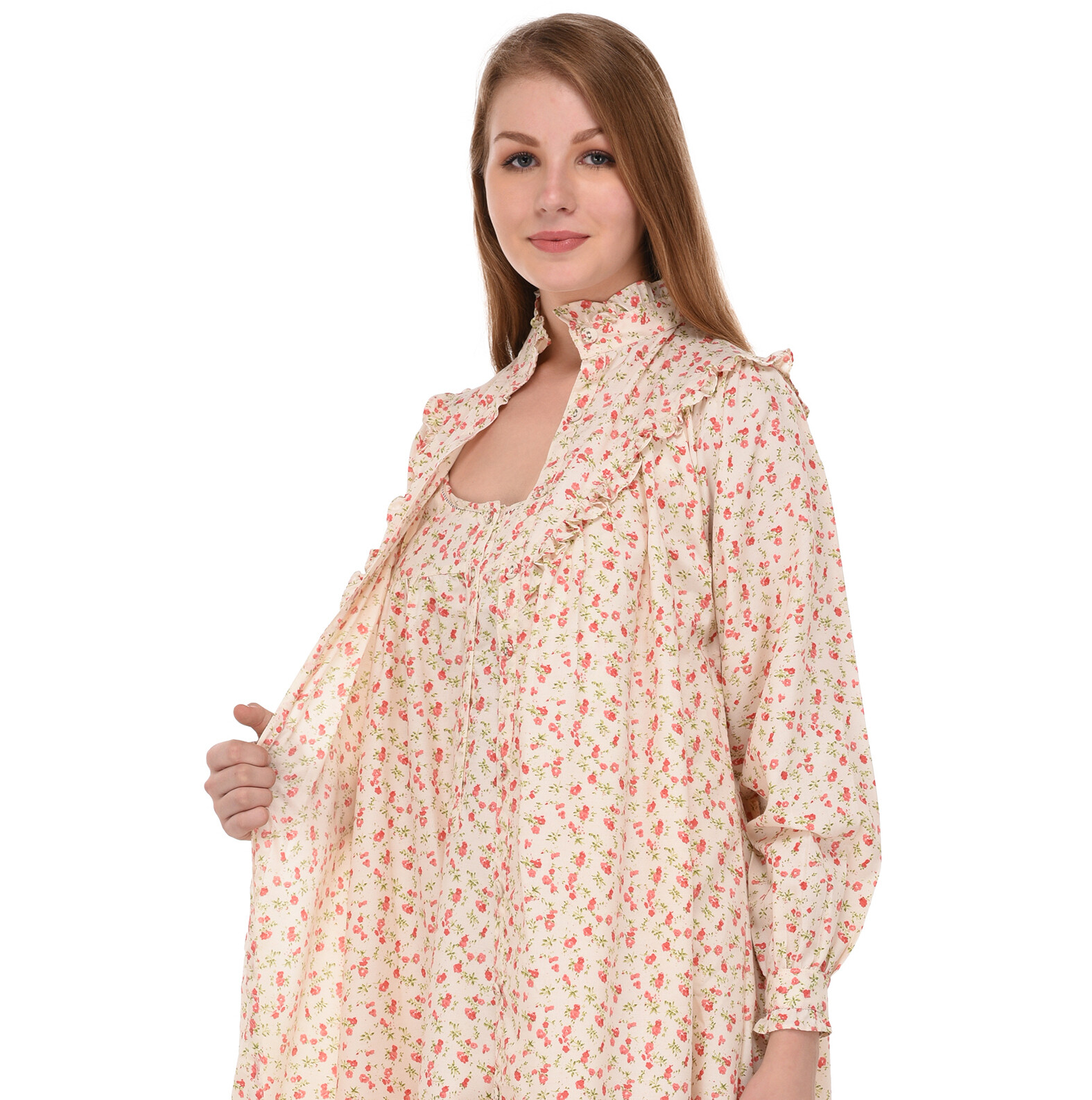 Wrinkle-Resistant Printed Nightdress/Housecoat Set | Cotton Lane
