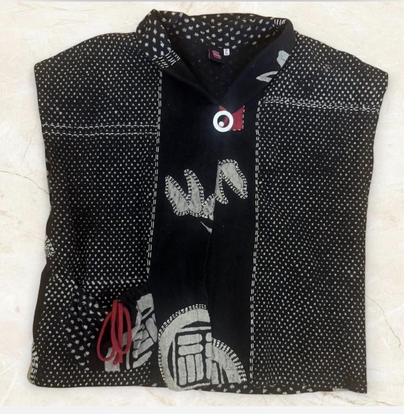 Boho Pink Cupcake Tag Black Asian Patchwork Art to Wear One Button Vest Sz L