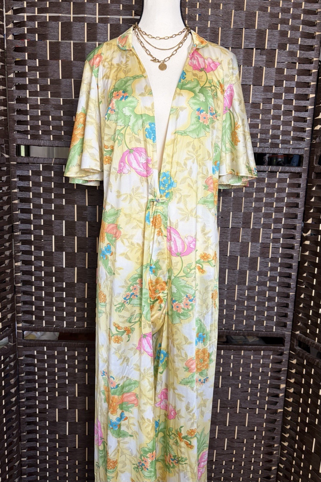 Vintage 70s Vanity Fair Jumpsuit Romper Women&rsquo;s L/XL Nylon Wide-Leg Yellow