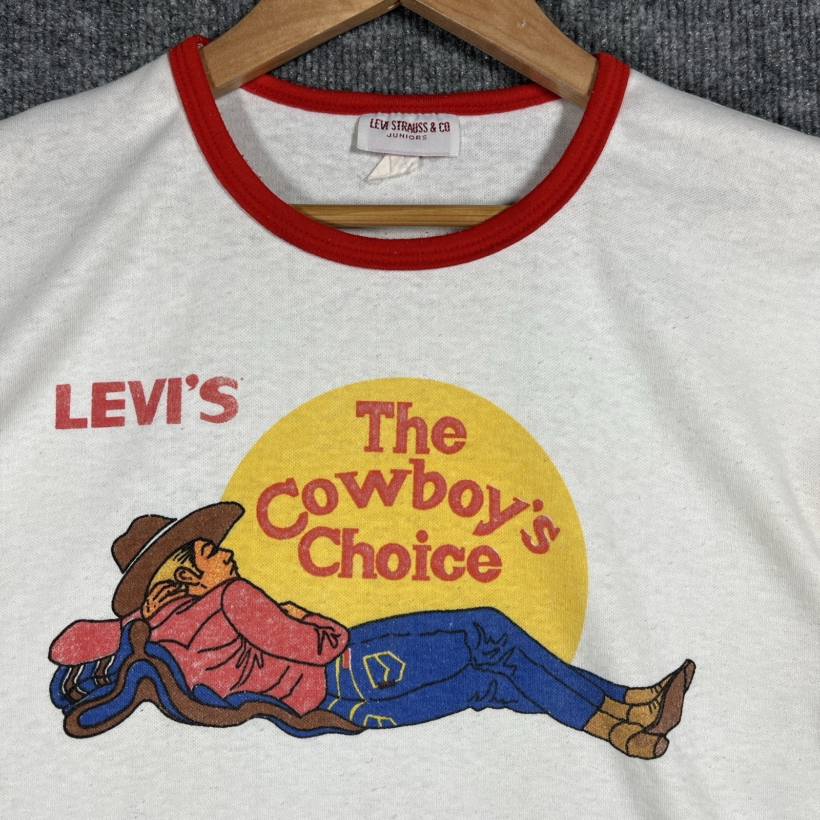VINTAGE 70s Levis Cowboy Choice T Shirt Womens L Baby Tee Ringer Promo 501 Big E