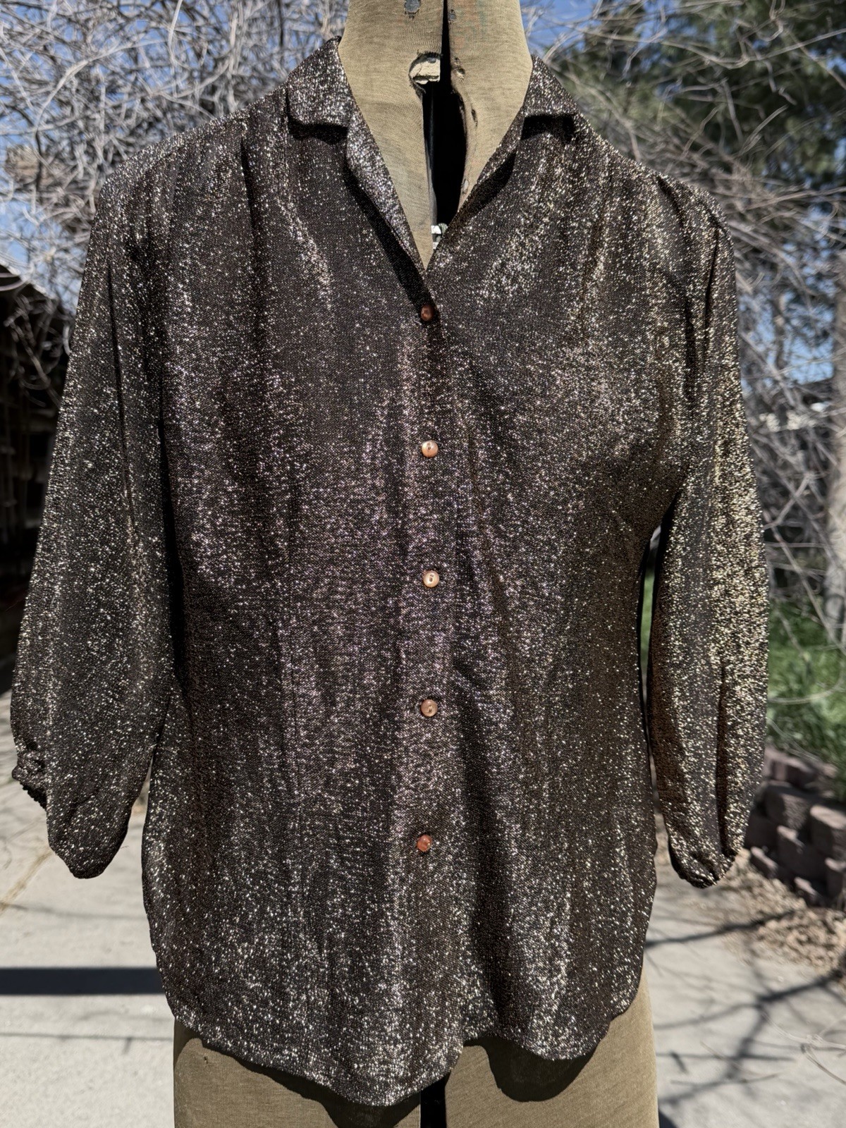 Vtg Blouse Copper Metallic Disco M