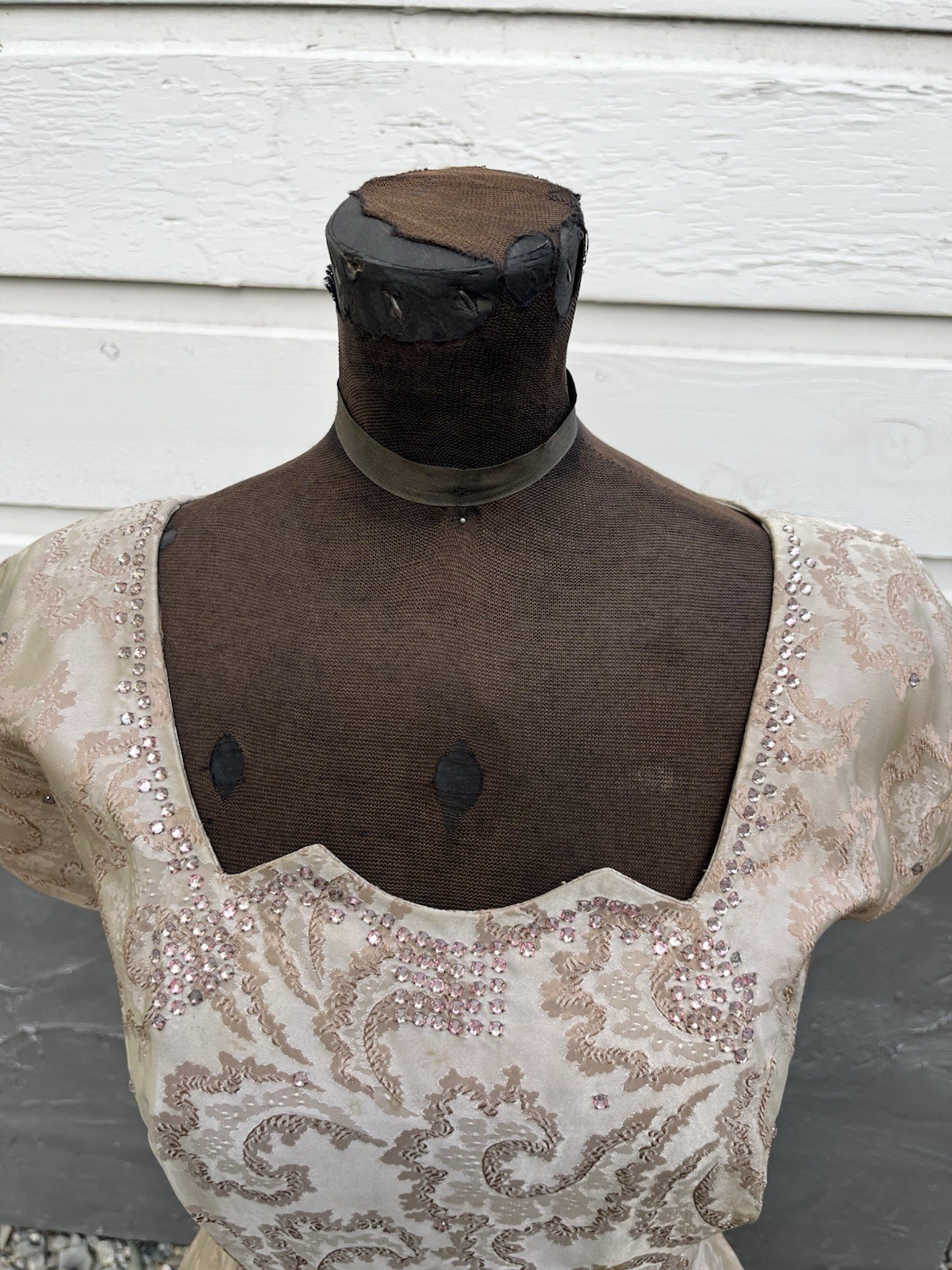 VTG 1950s Brocade Jacquard Rhinestone Cocktail Dress Hollywood Glam 31” Waist