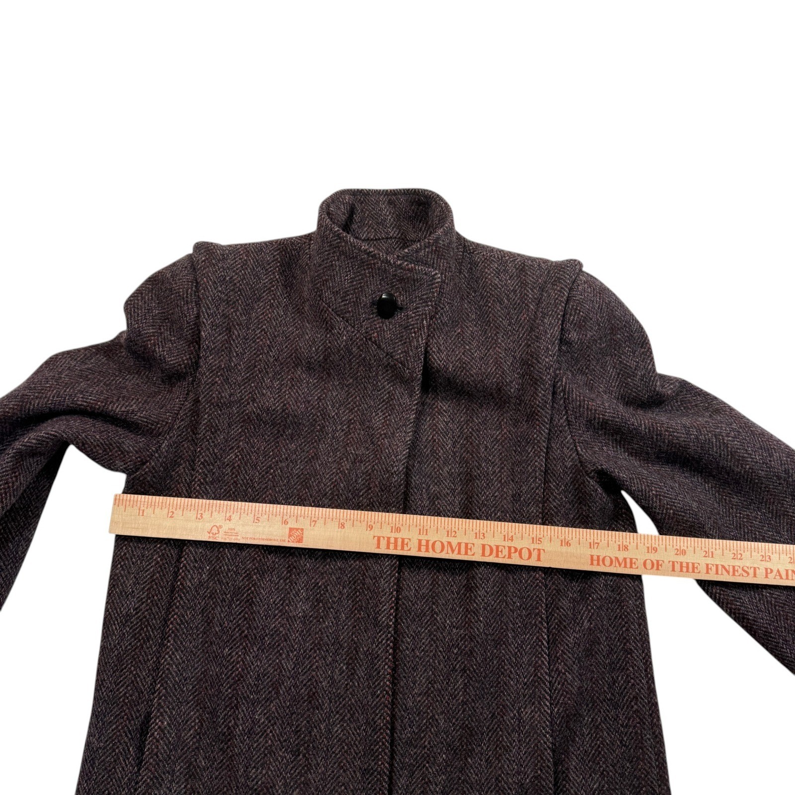 Vintage Projections Ltd Herringbone Wool Long Coat Funnel Neck Union Made USA M