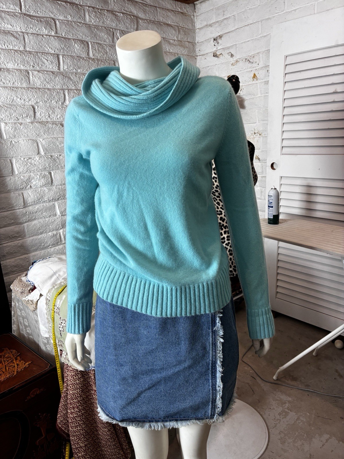 Vintage 100% Cashmere Cowl neck Sweater Soft Aqua S Jones New York Signature