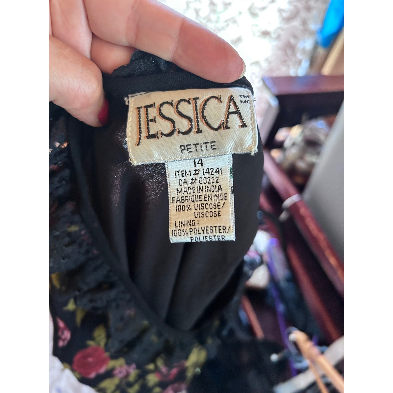 Vintage Maxi Dress Womens 14 Petite Black Floral Beaded Lace Jessica McClintock