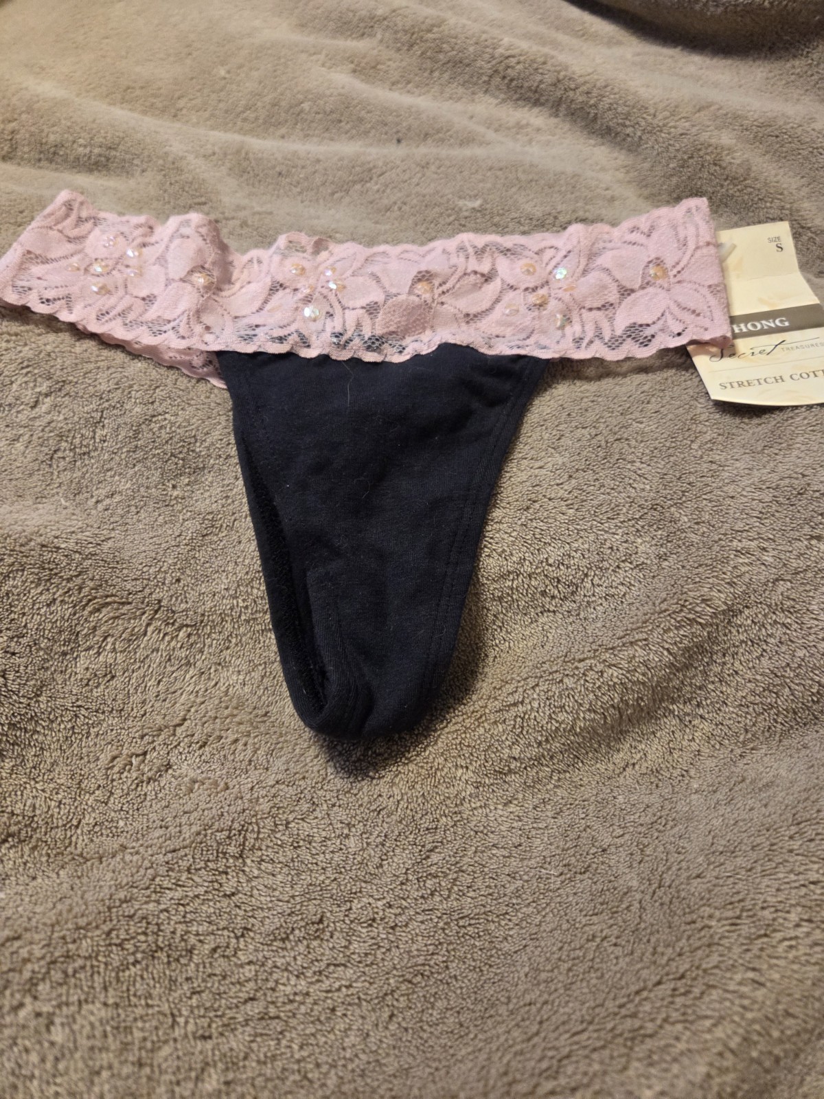 NWT Vintage Black Pink Lace Stretch Cotton Woman&rsquo;s Thong Size Small 5