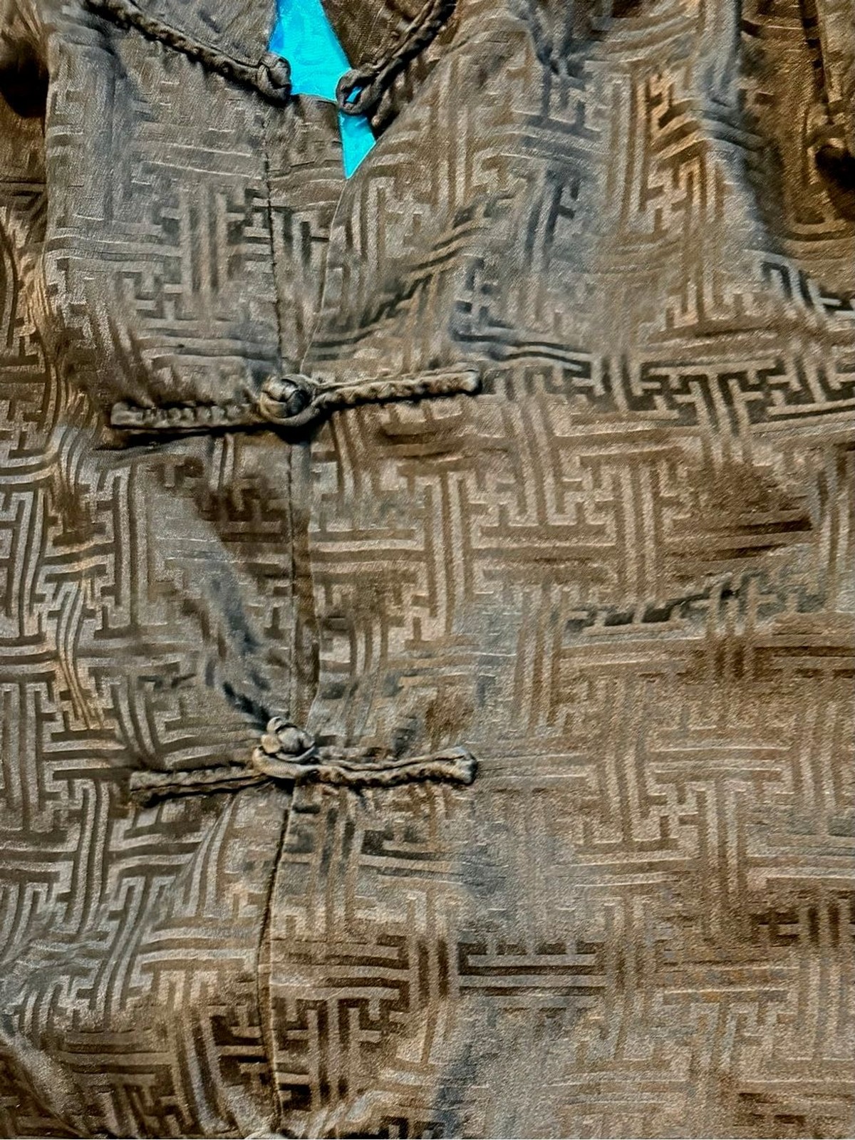 Vintage Henki Reversible Silk Satin Mandarin Jacket Black Turquoise Vtg Sz M