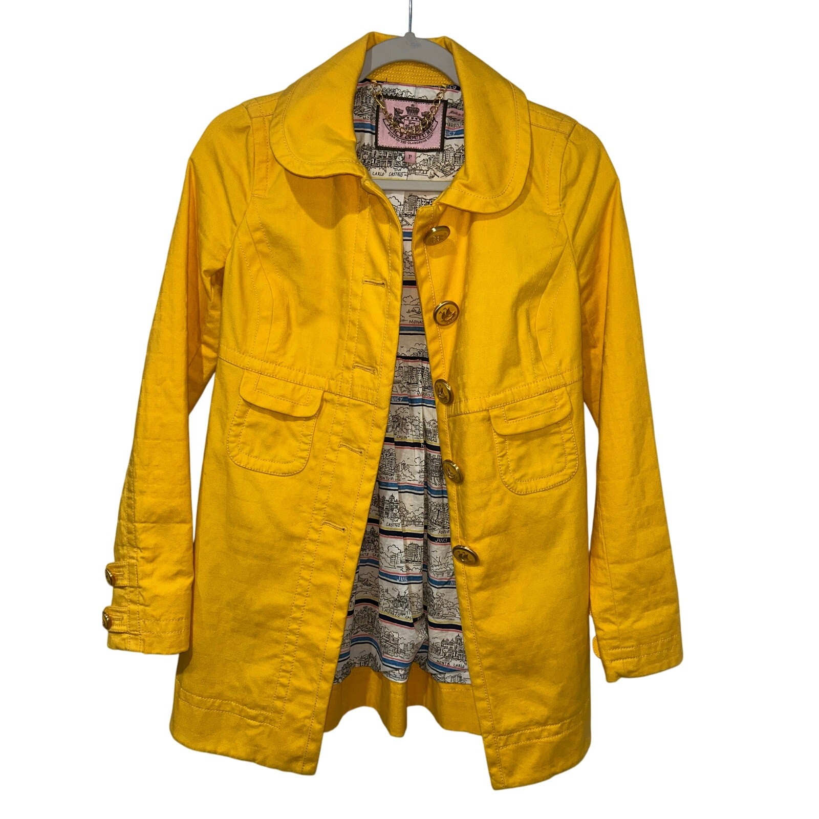 Y2K Authentic True Vintage Juicy Couture Yellow trench coat Monaco map p/small