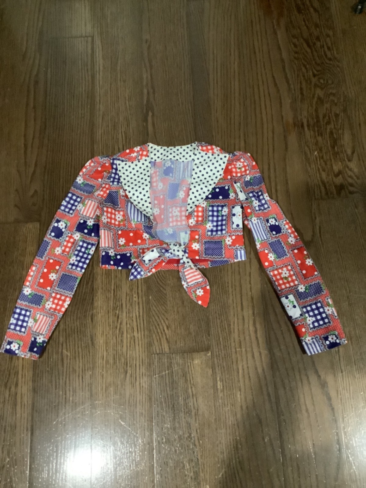 vintage 1970s red white n blue patchwork boho sexy open blouse hippie XXS