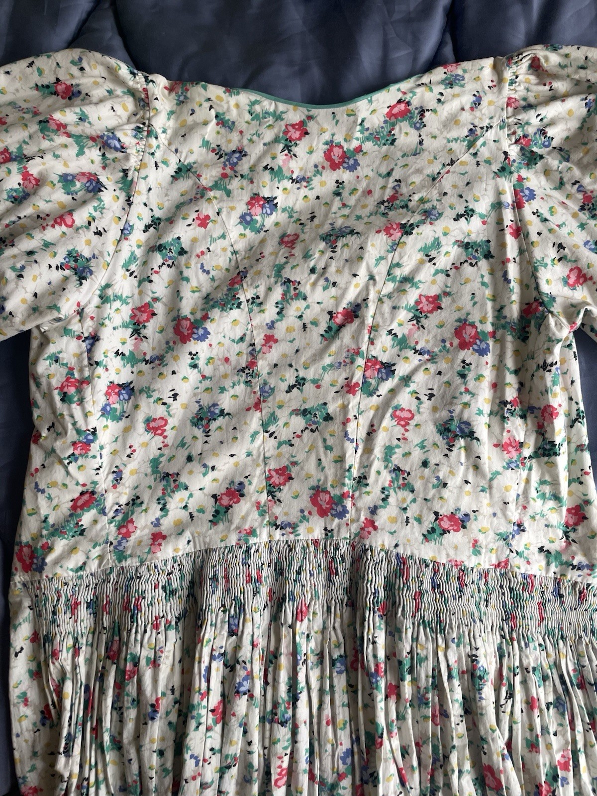 Vintage Floral Square Neck Balloon Short Sleeve Midi Homemade Day Dress S/M