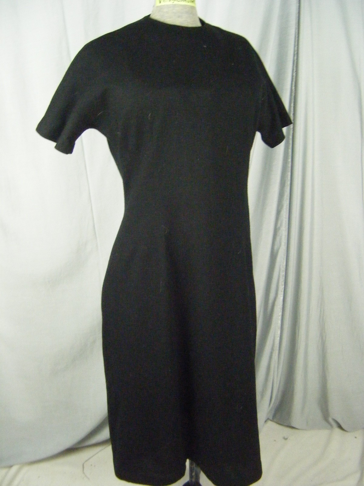 Vtg 60s Simple Black Wool Blended Sheath Dress-Bust 38/S-M