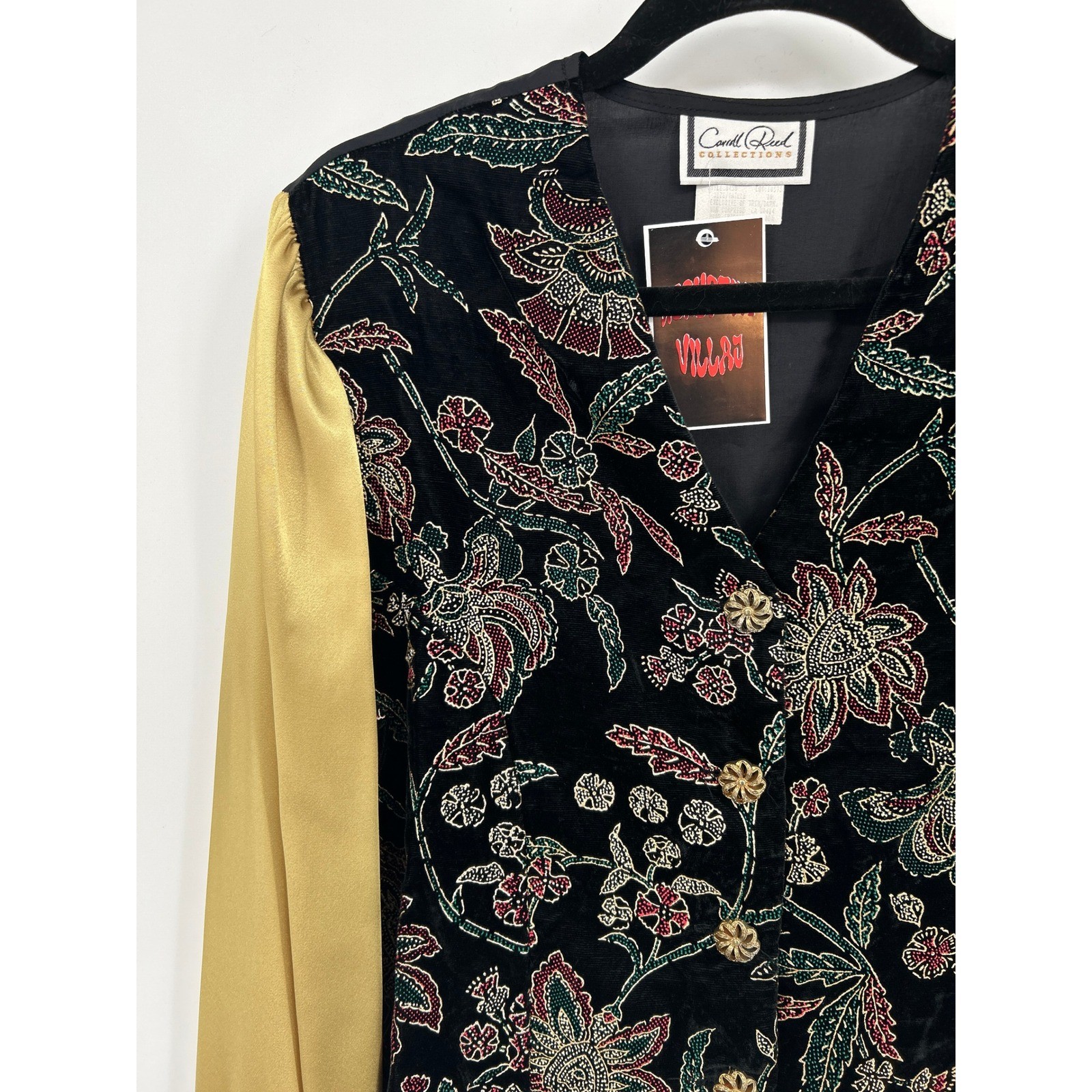 Carol Reed Collections Vintage Velvet Floral Beaded Jacket Gold Satin Sleeve 16