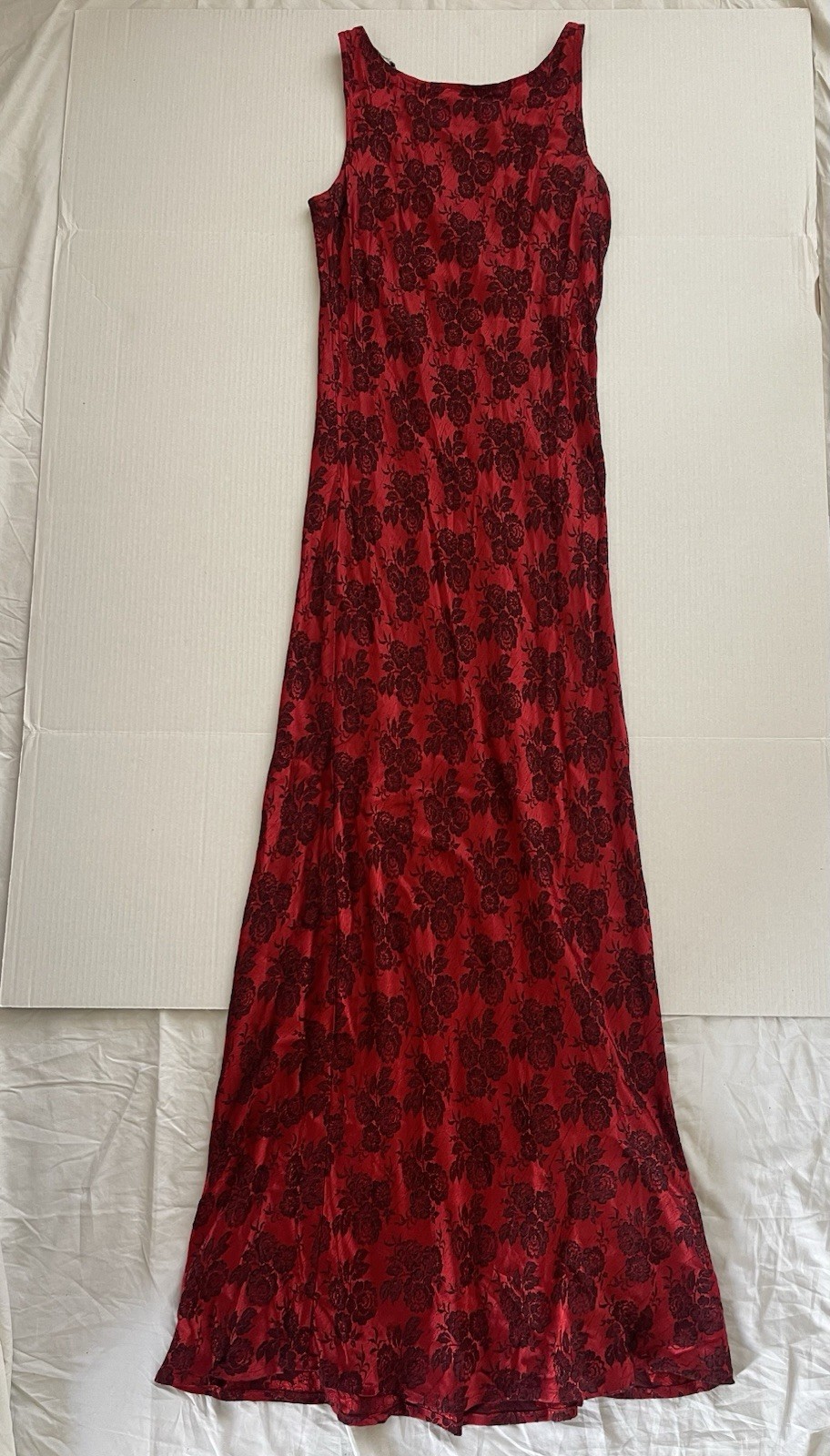 Vintage CDC Ruby Red Floral Jacquard Evening Column Gown Unique Chain Back