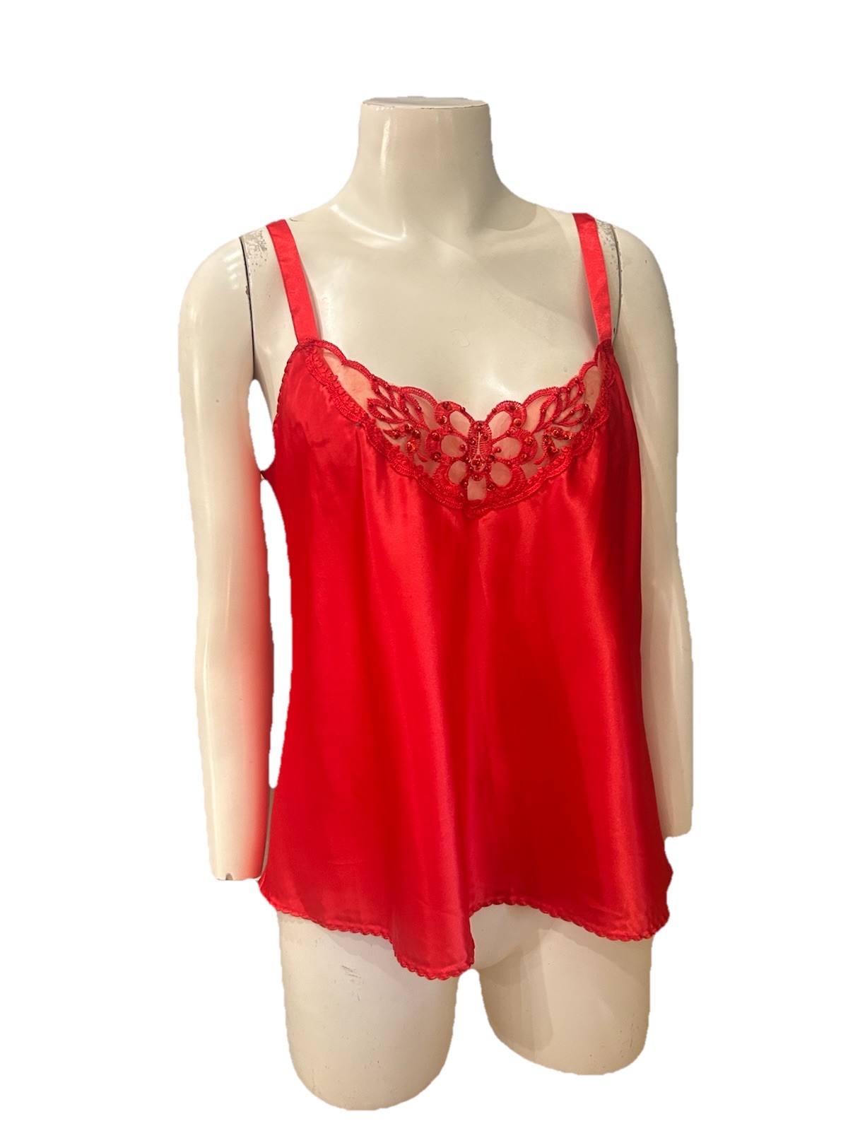 Vintage Red Satin Lace Sequin Lingerie Cami NWT Sultry Valentine Boudoir L