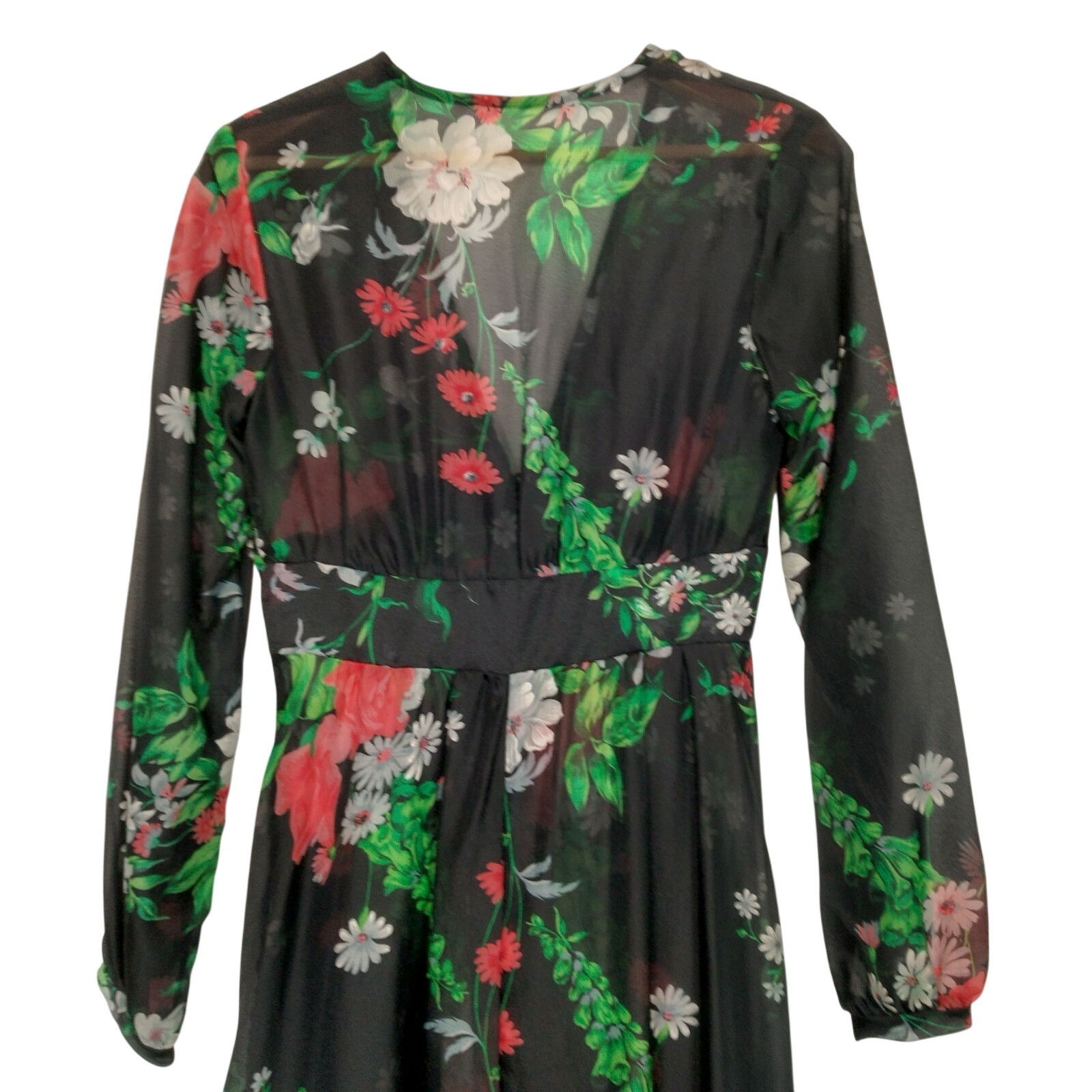 Vintage 1970s Sheer Dress Robe Size 5-6 Black Daisy Floral Hippie Boho