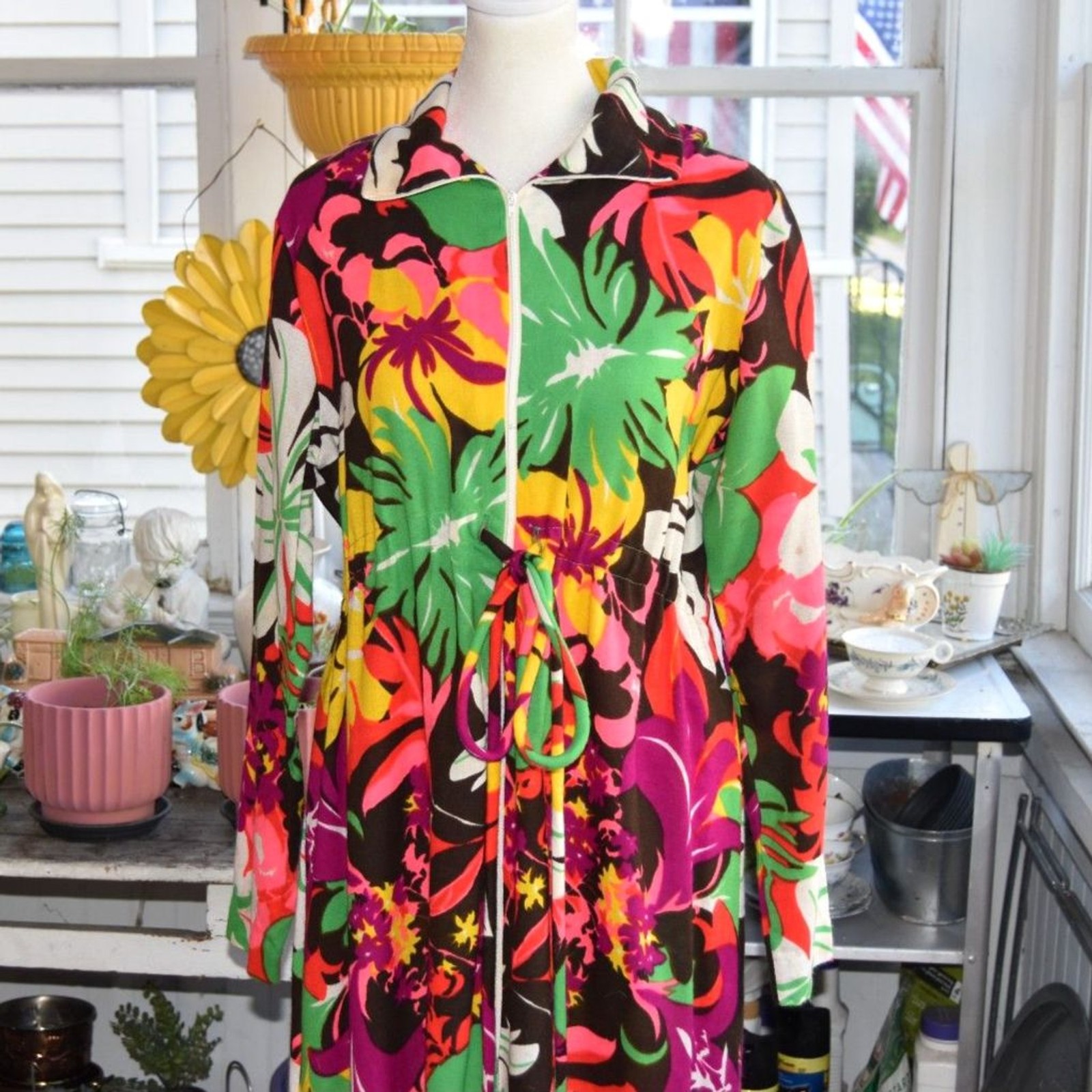 Vintage 70s Lounges Hawaiian Floral Maxi Dress Zip Front Drawstring USA Medium