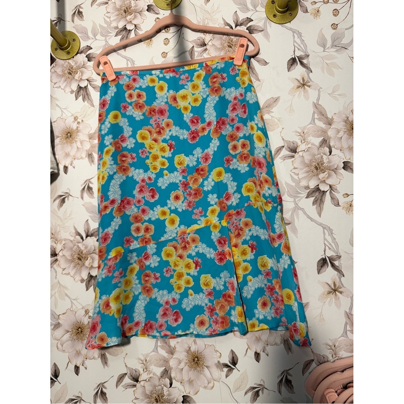 Harold&rsquo;s 100% Silk Teal A-Line Skirt with Yellow & Pink Floral Print