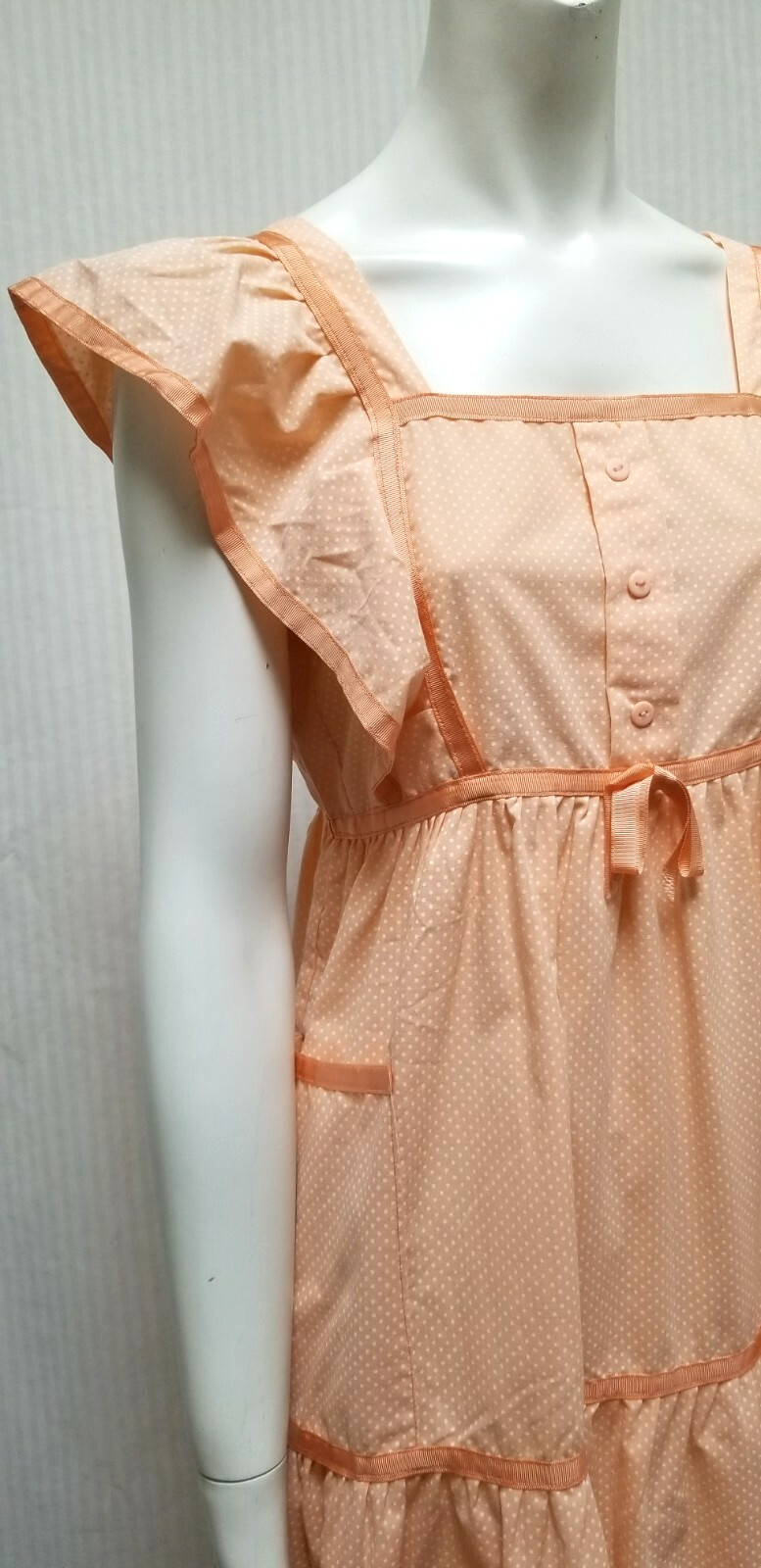 Vintage Peach & White Polka Dot Empire Waist Dress – Size S – EUC