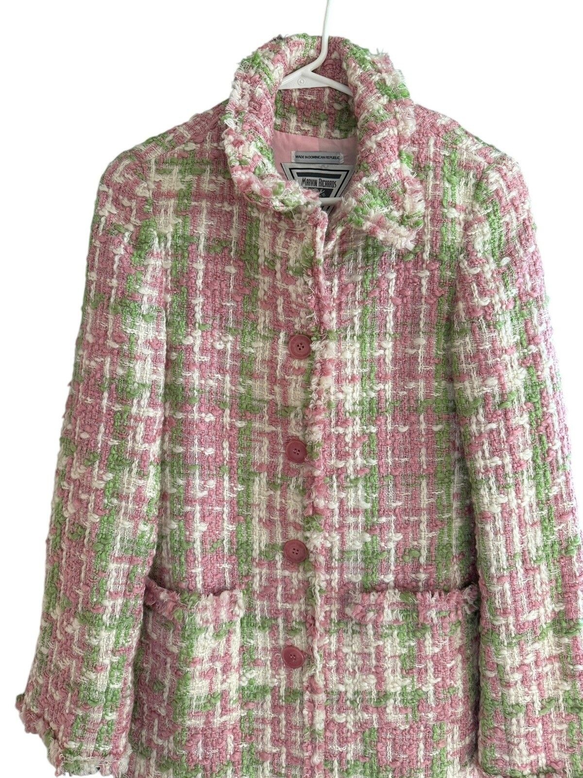Vintage Marvin Richards Houndstooth Wool Tweed Boucle Coat Fringe Small Pink