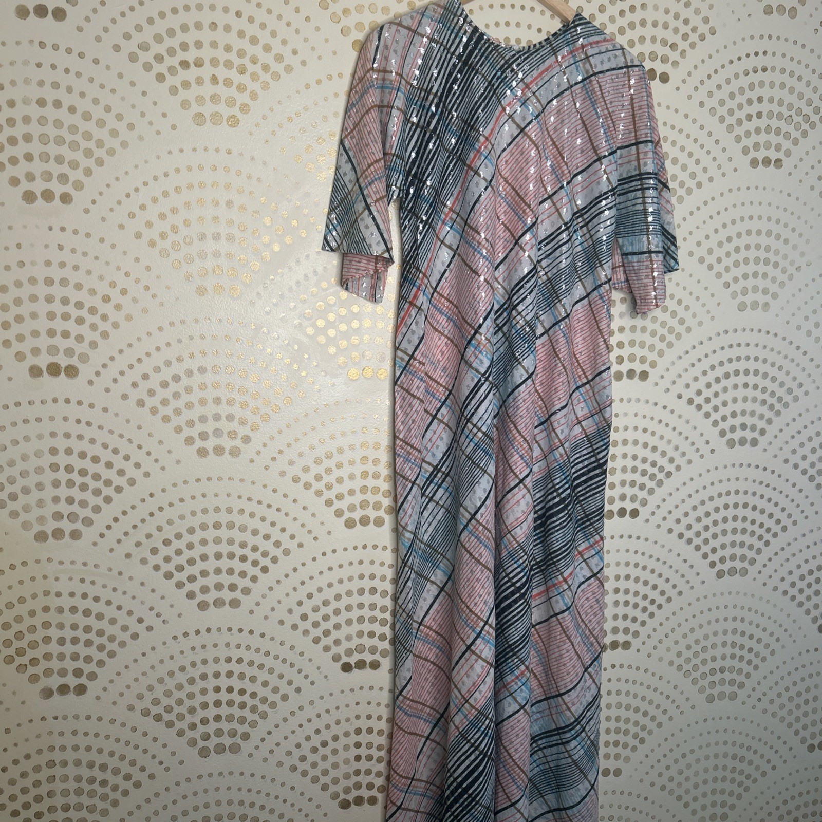 Vintage 60s 70s LARGE Sparkle Stripe Belted Maxi Dress NEW Pocket Short Bell