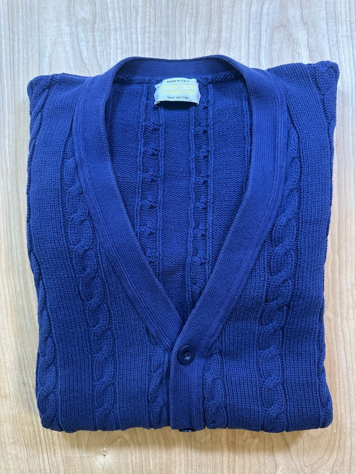 vintage 90&rsquo;s BENETTON cardigan STRANGER THINGS blue COTTON cable knit ITALY prep