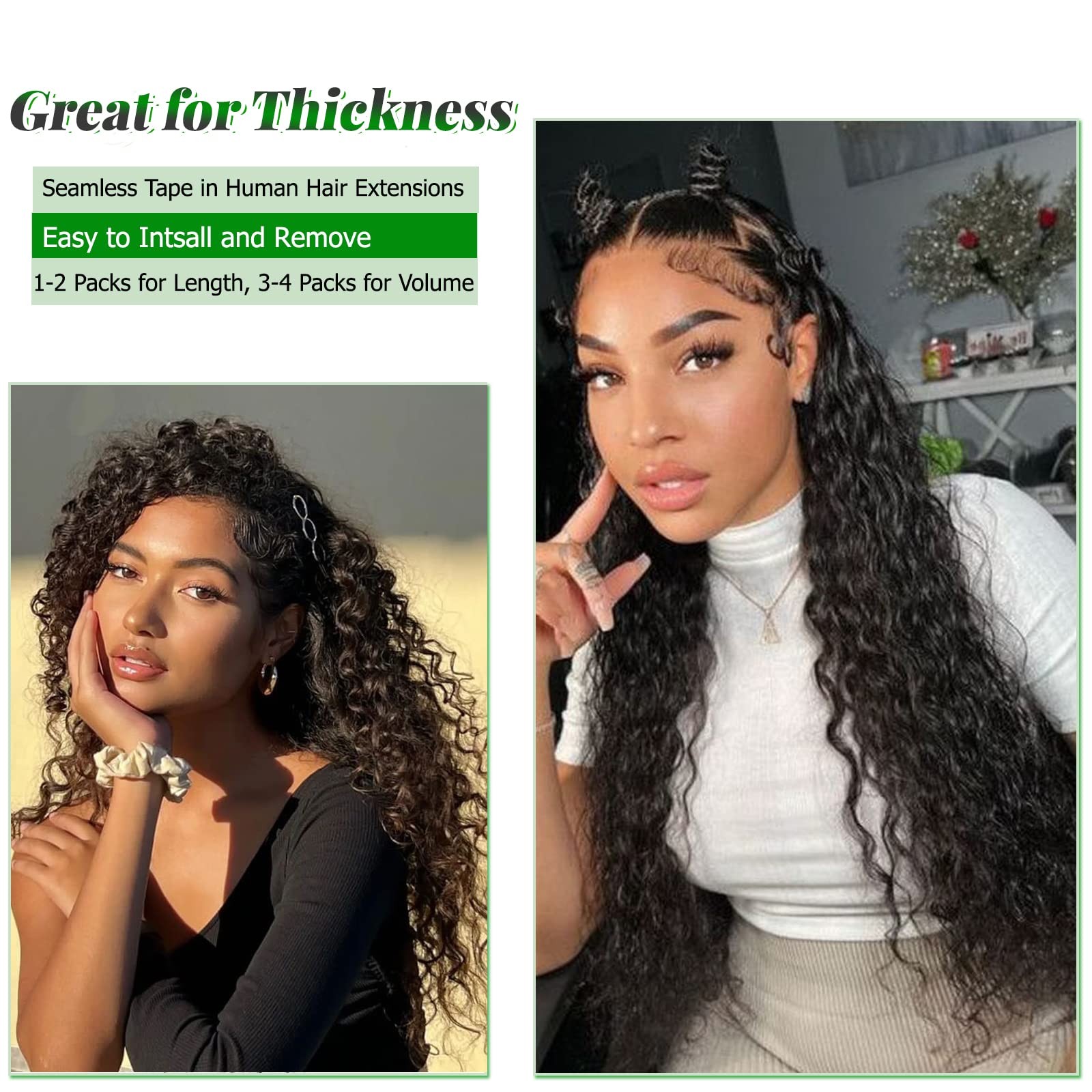 Invisible Tape in Hair Extensions Human Hair 24 Inch Water Wave Natural Black