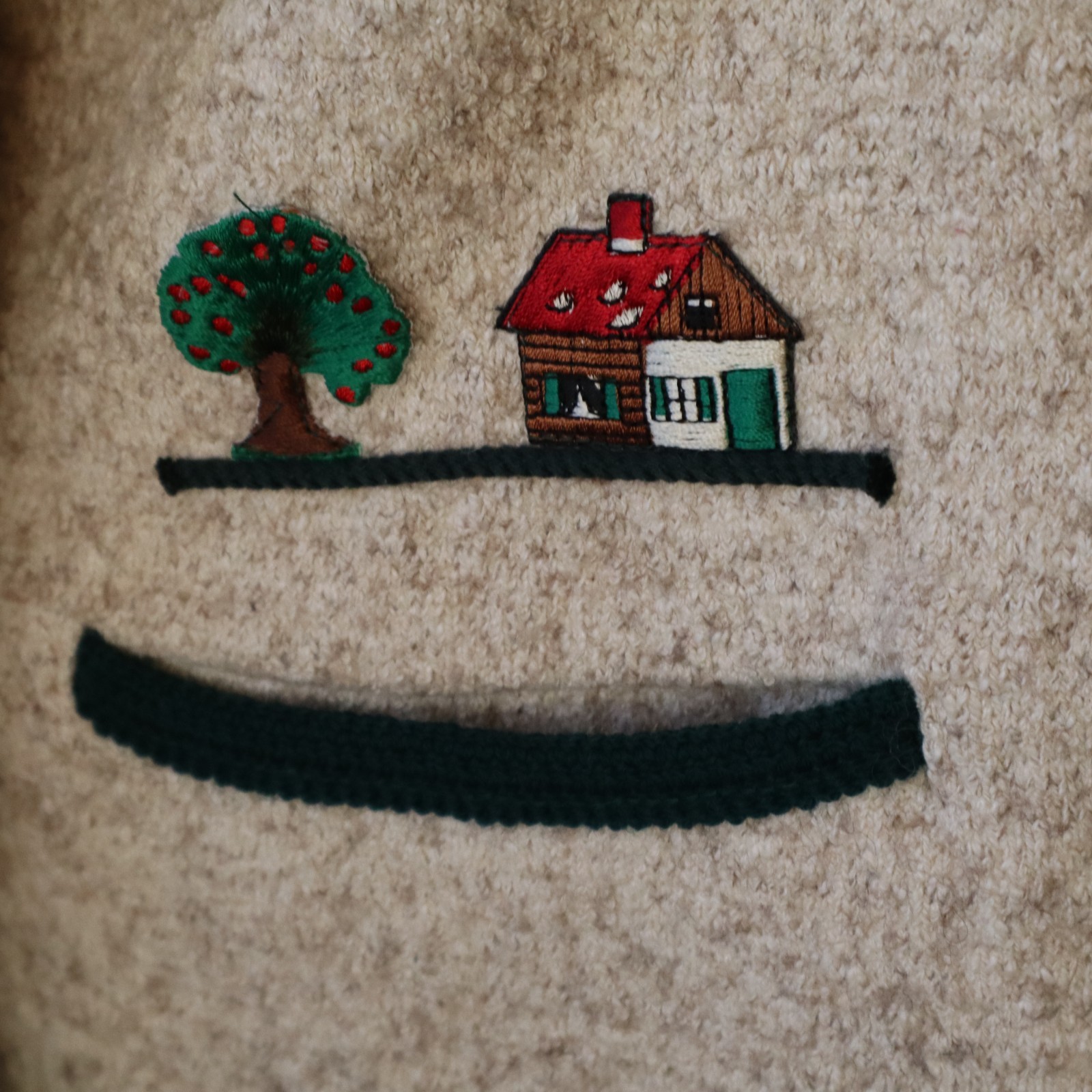 Vtg Wool Chenille Arber Jacket Tan, Green Knit w Embroidery Sz 36 Small Germany