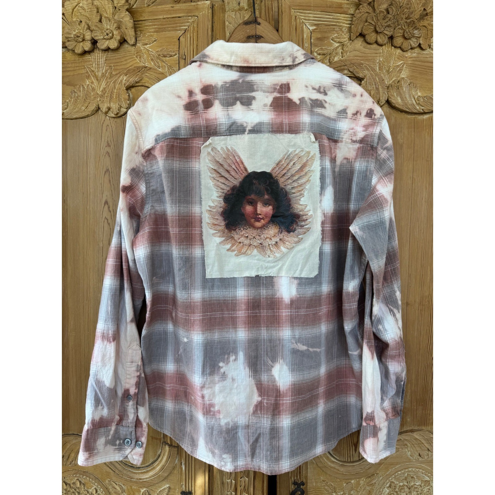 Upcycled Angel Patch Flannel Shirt Boho Folk Art Bleached Large