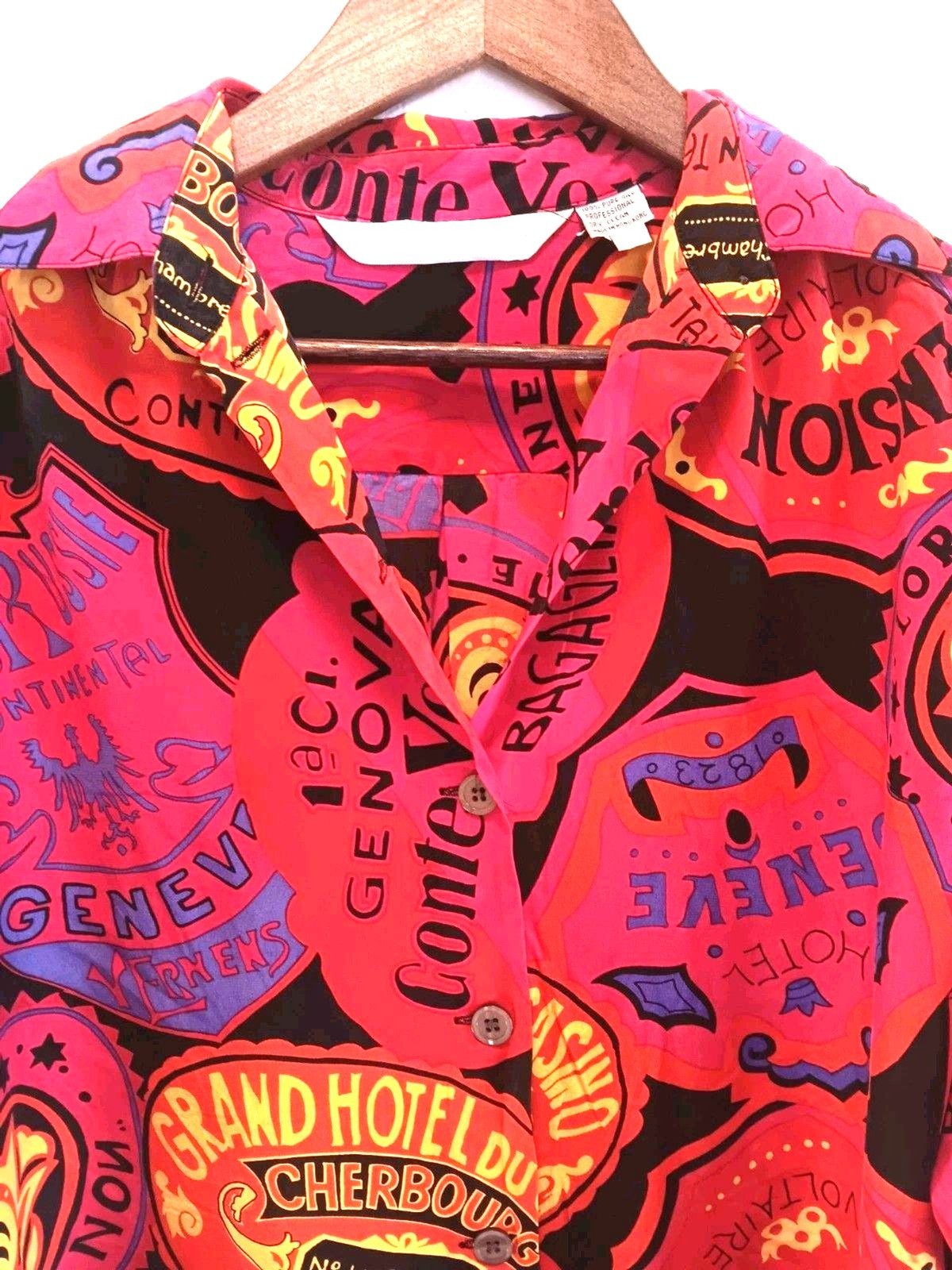 Vintage Brett Harrison 100% Silk Blouse Large Hotel Luggage Tag Travel Print 80s