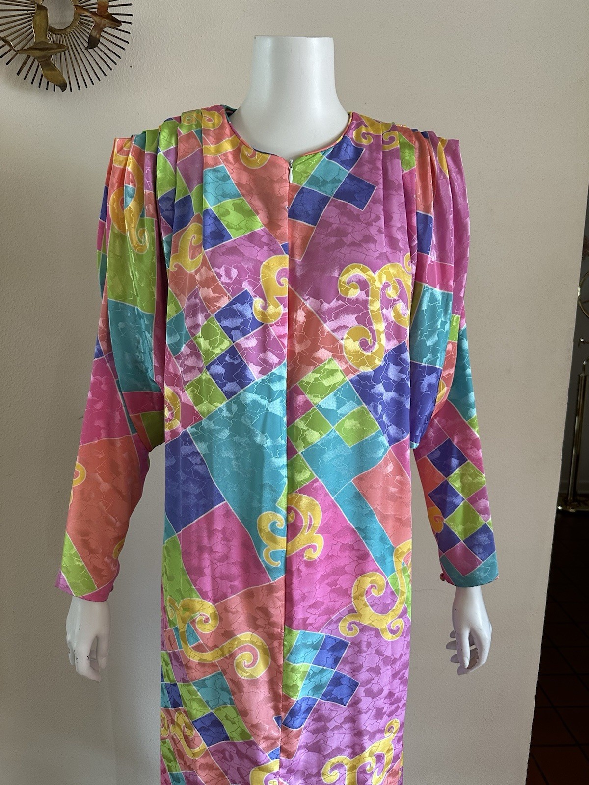 1980s David Brown Brocade Hostess Dress Maxi Resort Geometric Neon Deco Mumu VTG