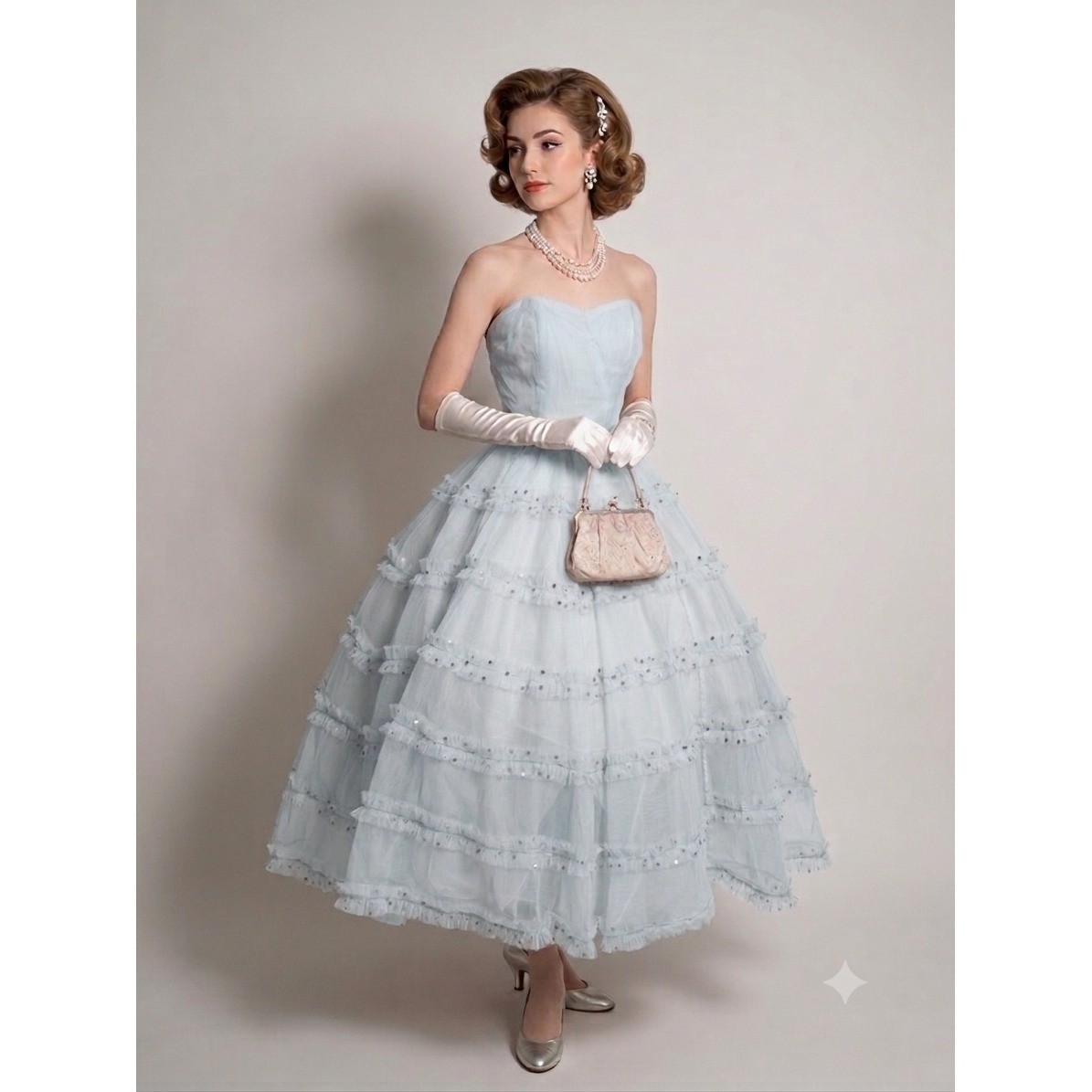 Vintage 1950s Pastel Baby Blue Tulle Ruffle Sequin Strapless Prom Party Dress