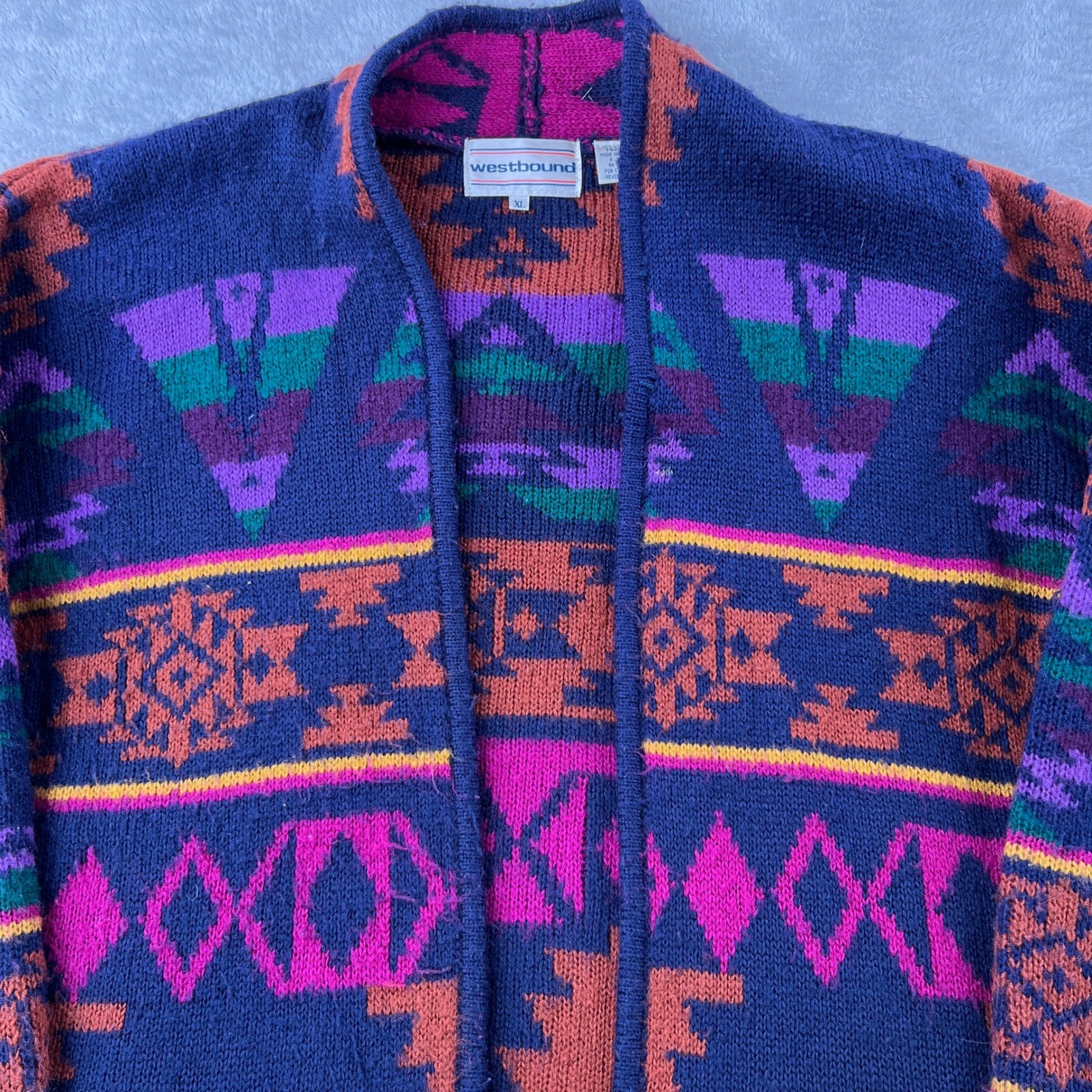 Westbound Aztec Geometric Open Front Cardigan XL Blue Women Vintage Boho Knit