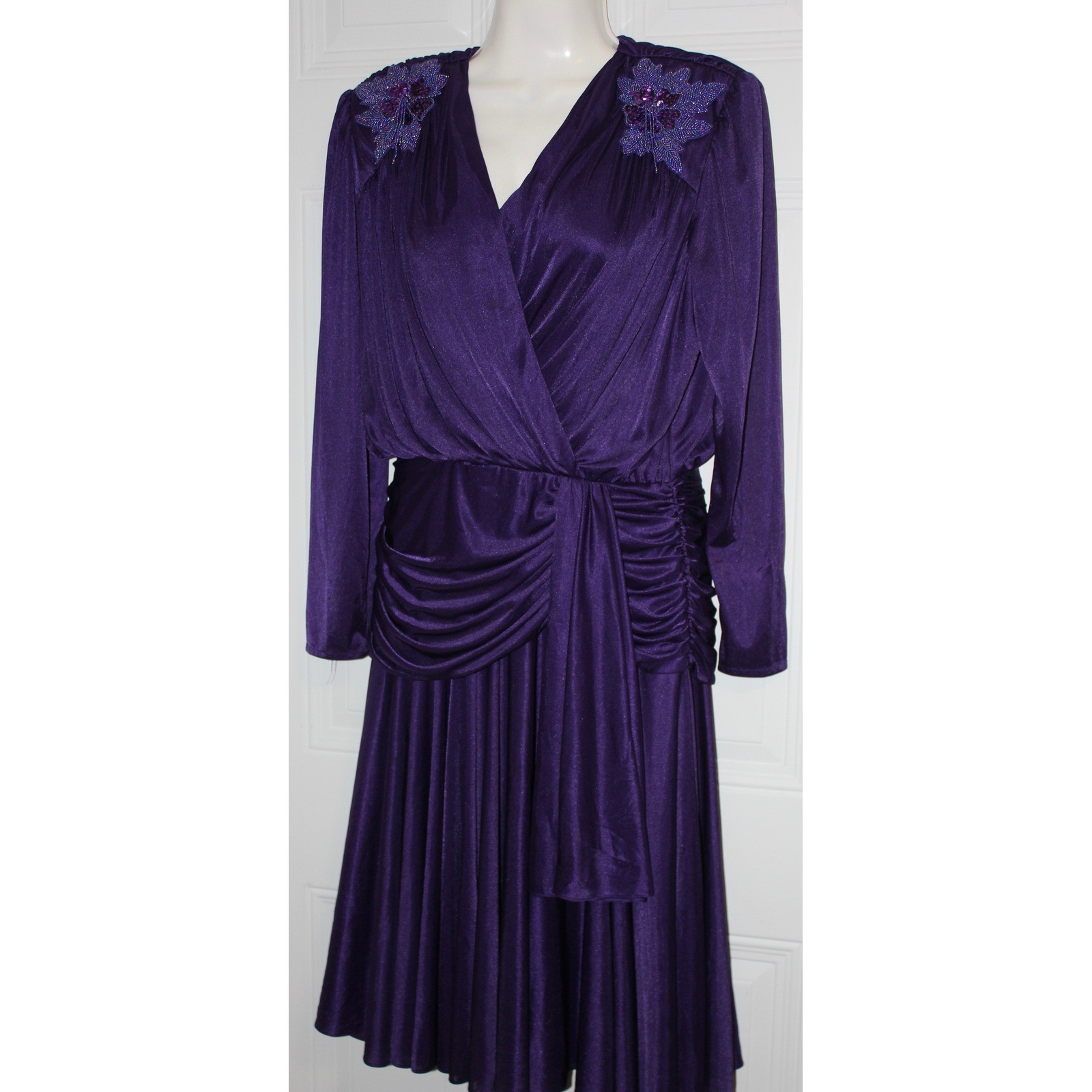 Abby Kent Vintage 80s Purple Beaded Sequin Ruched Dress SZ 14 USA Whimsical Glam